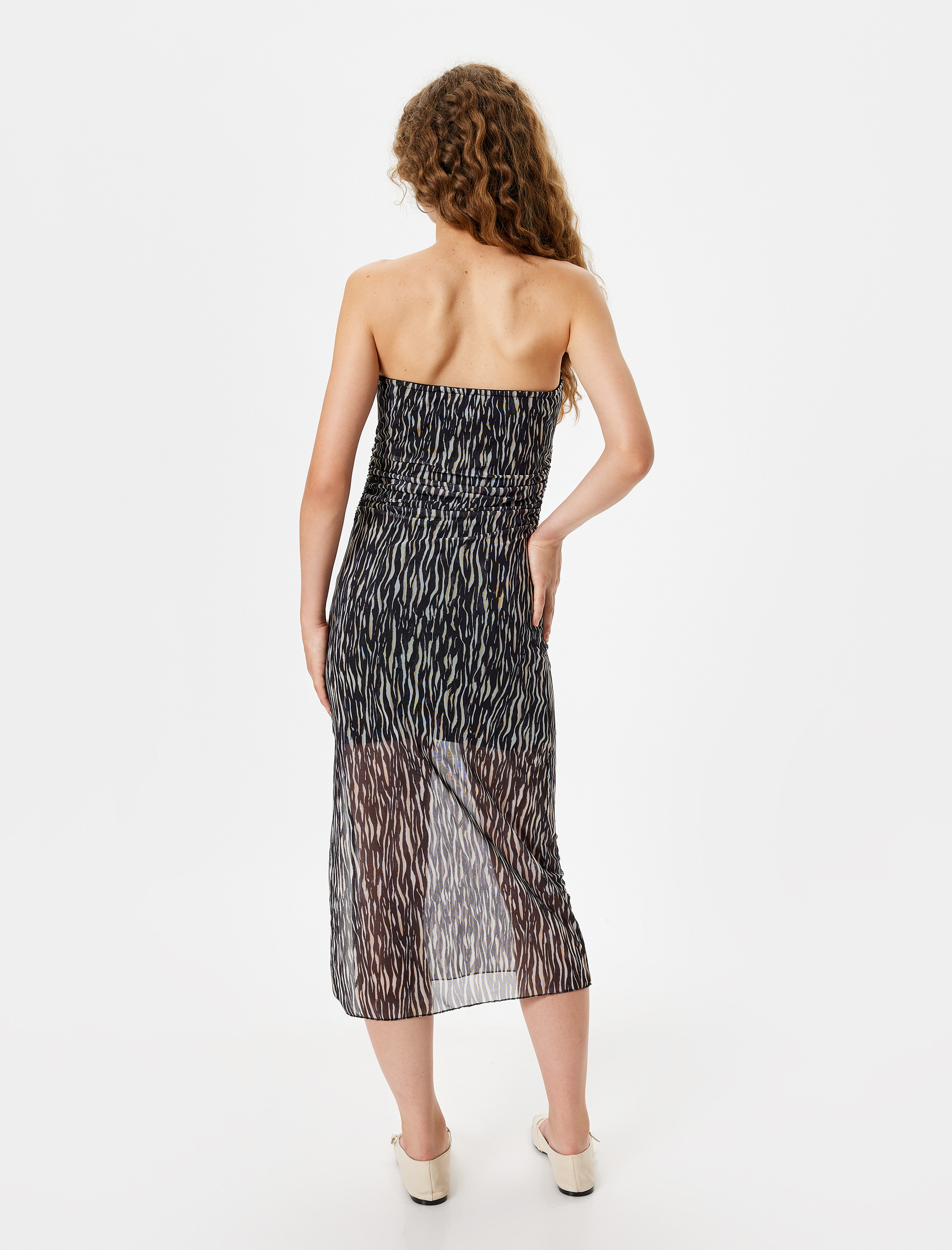   Straplez Elbise Midi Drapeli Kolsuz Zebra Desenli Mini Astarlı