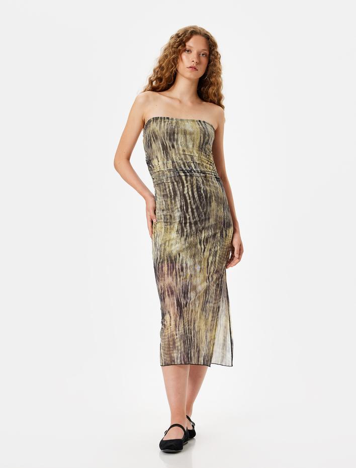  Straplez Elbise Midi Drapeli Kolsuz Soyut Desenli