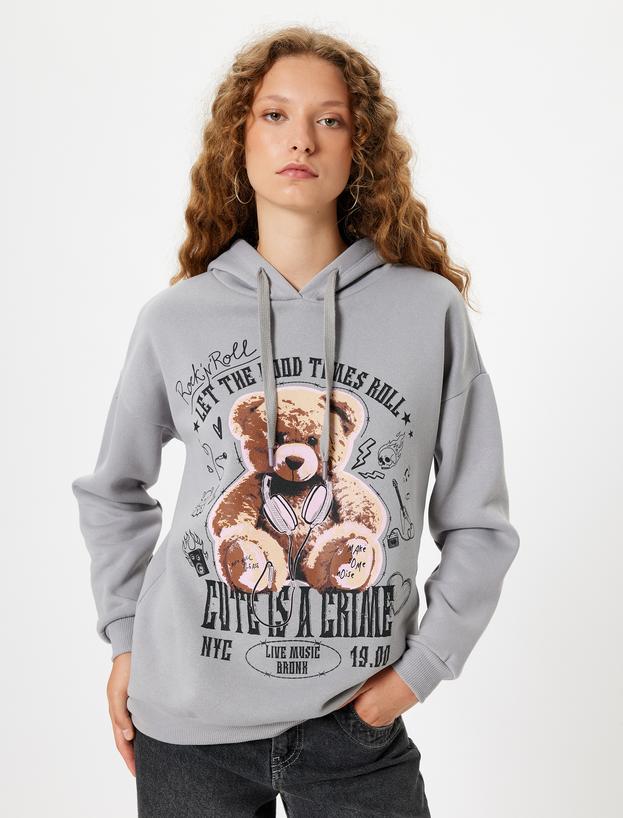 Oversize Kapüşonlu Sweatshirt Ayı Baskılı Sloganlı Şardonlu_2