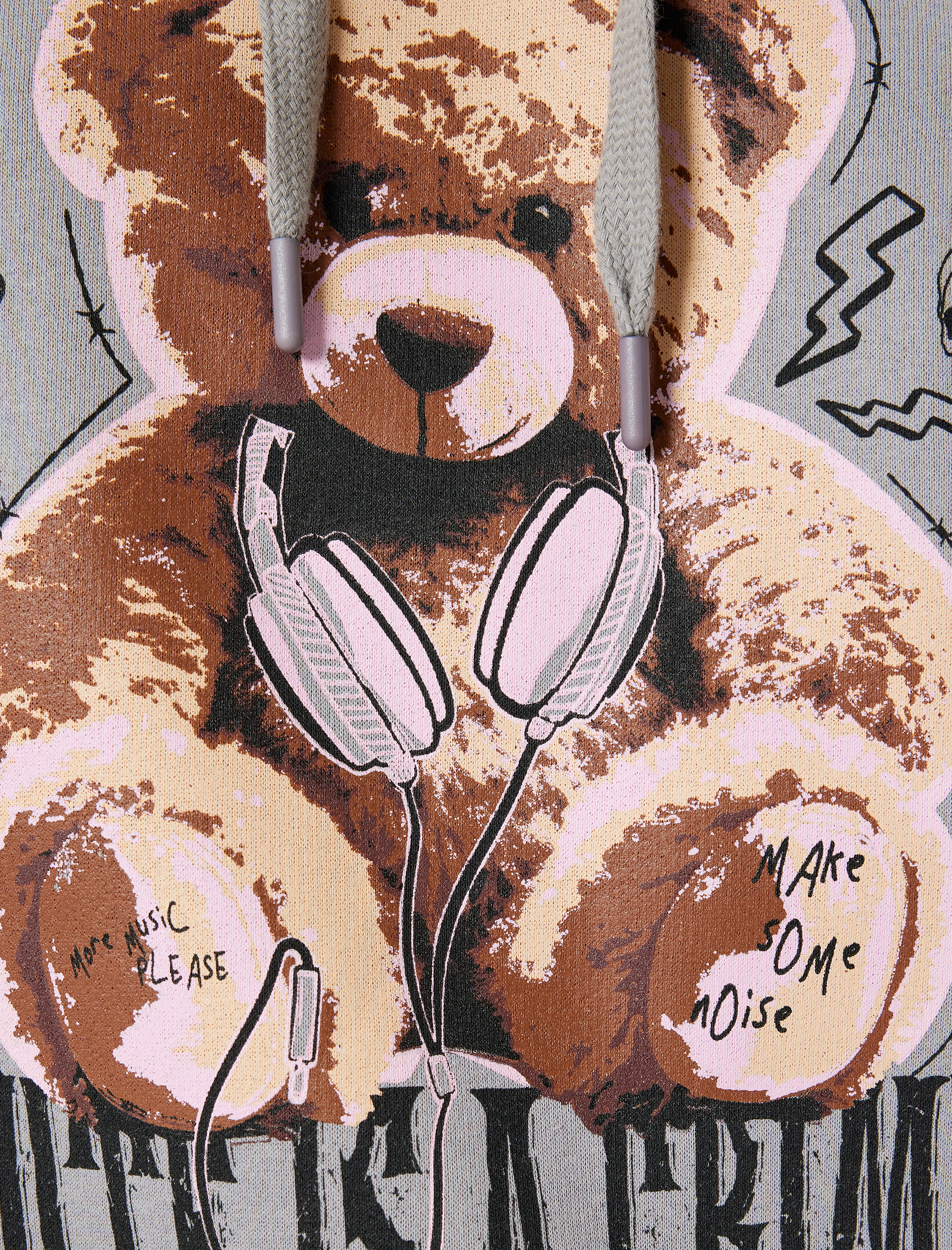   Oversize Kapüşonlu Sweatshirt Ayı Baskılı Sloganlı Şardonlu