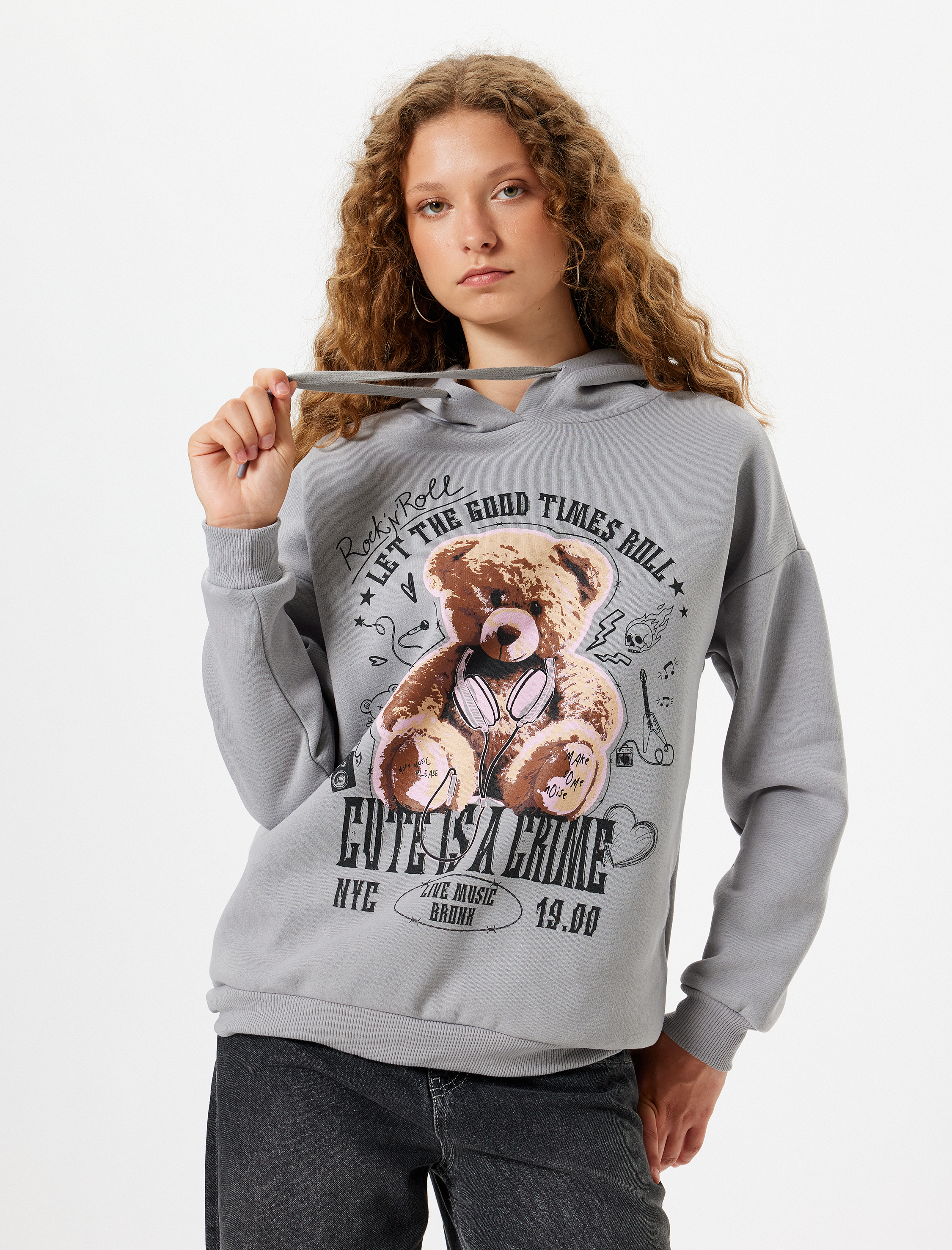   Oversize Kapüşonlu Sweatshirt Ayı Baskılı Sloganlı Şardonlu