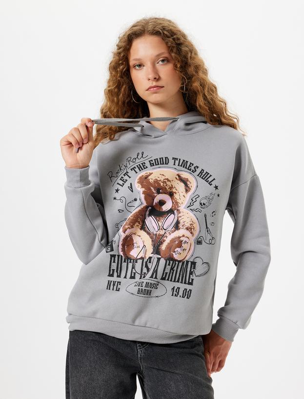 Oversize Kapüşonlu Sweatshirt Ayı Baskılı Sloganlı Şardonlu_1