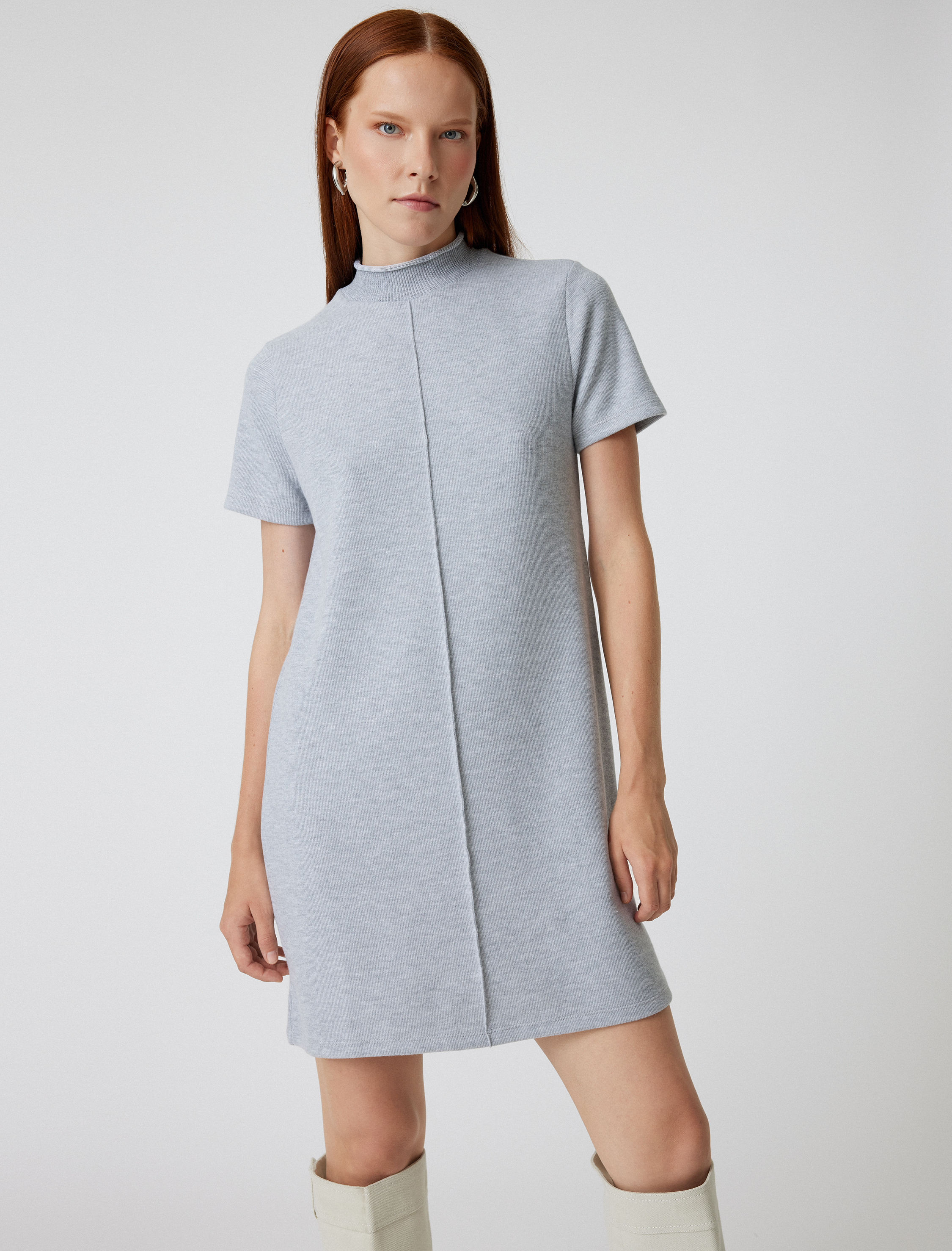 Mini Elbise Kısa Kollu Dik Yaka Slim Fit