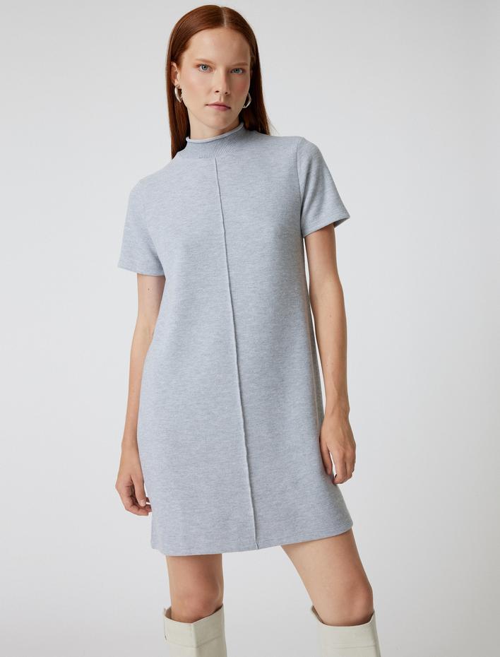  Mini Elbise Kısa Kollu Dik Yaka Slim Fit