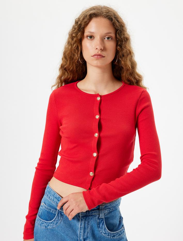  Uzun Kollu Tişört Düğmeli Bisiklet Yaka Slim Fit Pamuklu