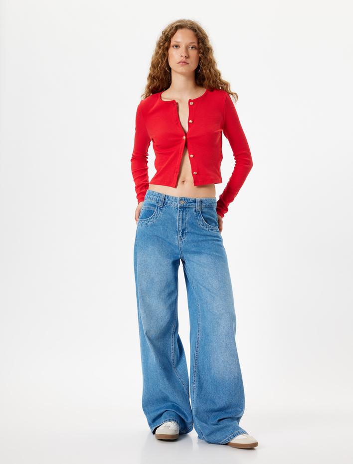 Uzun Kollu Tişört Düğmeli Bisiklet Yaka Slim Fit Pamuklu