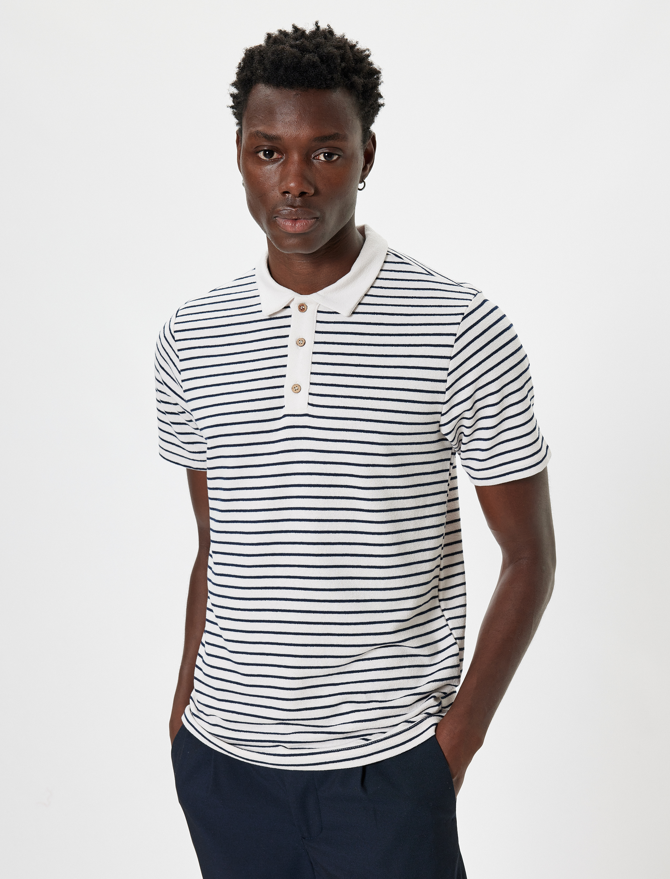   Düğmeli Kısa Kollu Pamuk Karışımlı Çizgili Polo Yaka Tişört