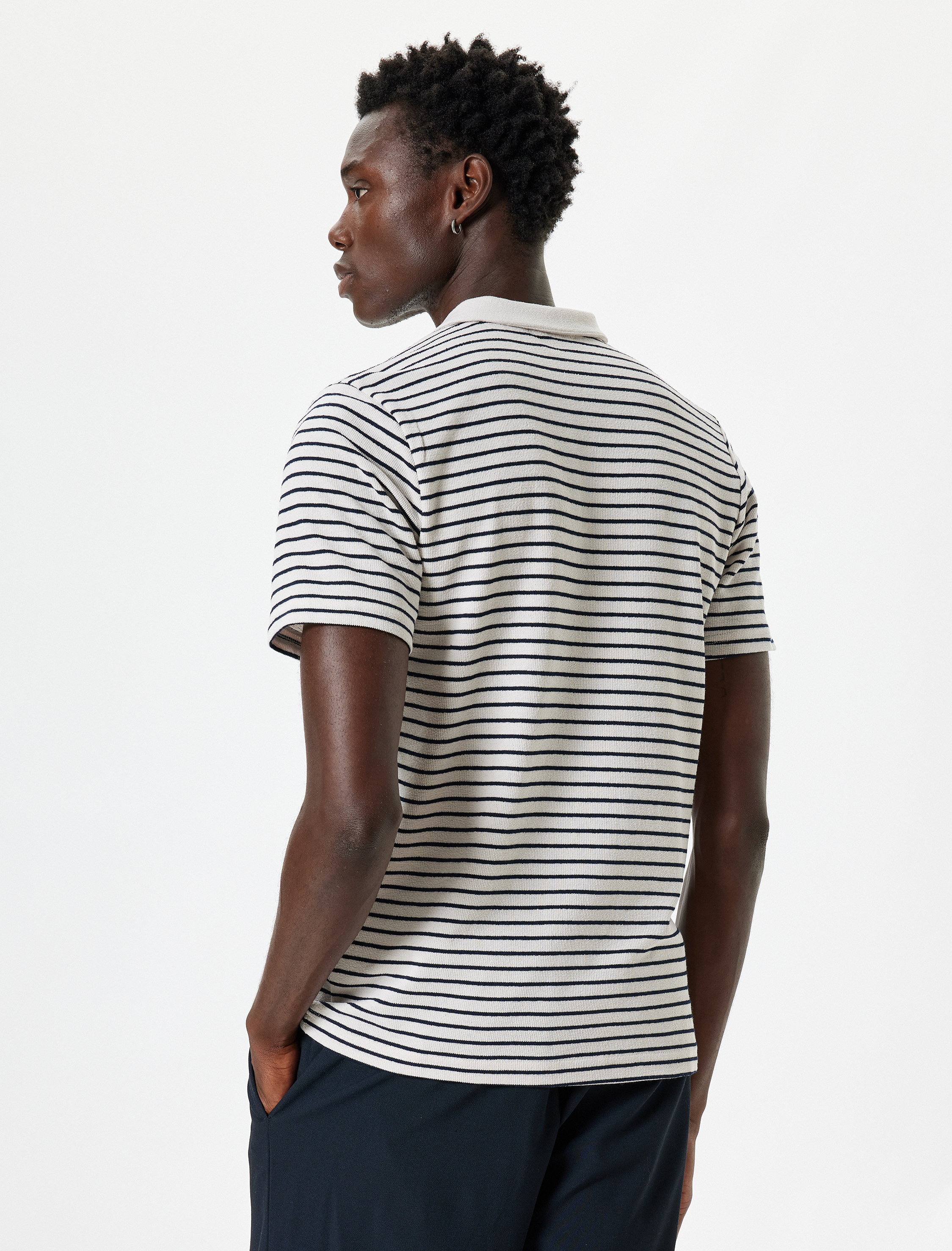   Düğmeli Kısa Kollu Pamuk Karışımlı Çizgili Polo Yaka Tişört