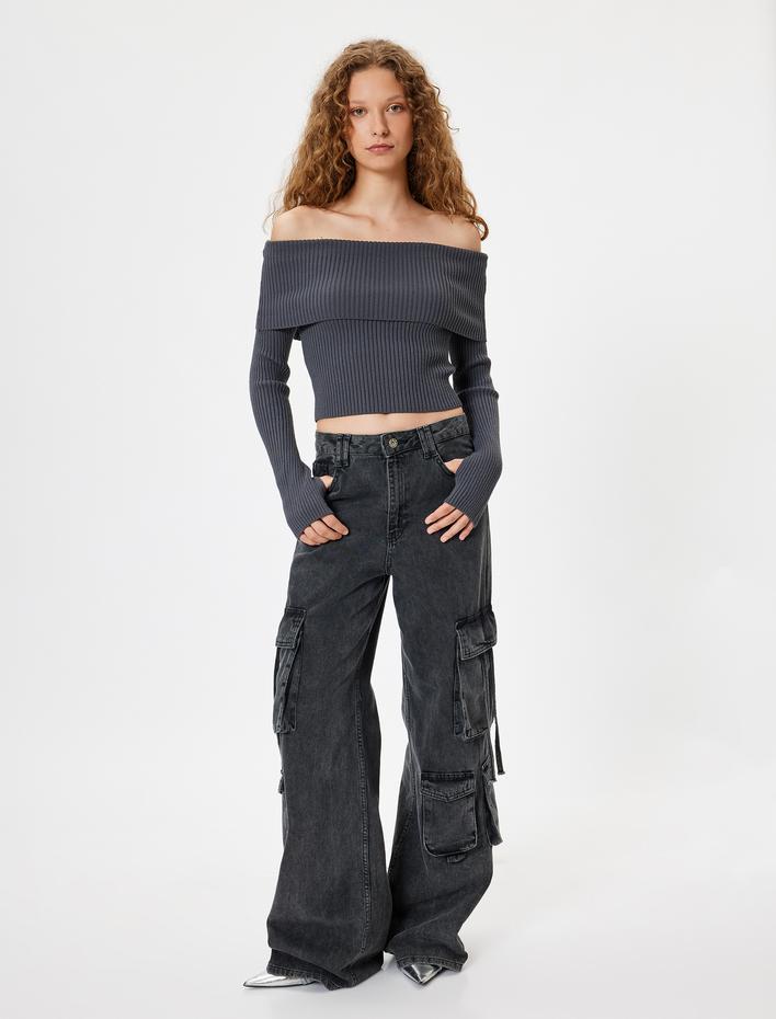  Madonna Yaka Omzu Açık Kazak Uzun Kollu Slim Fit Dokulu