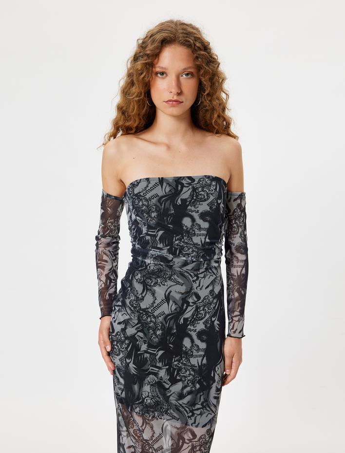  Straplez Tül Elbise Uzun Astarlı Soyut Desenli Uzun Kollu