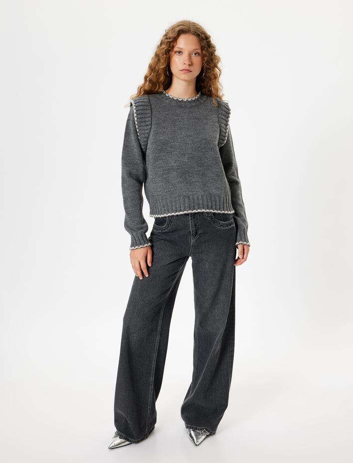  Triko Kazak Bisiklet Yaka Fırfır Detaylı Uzun Kollu