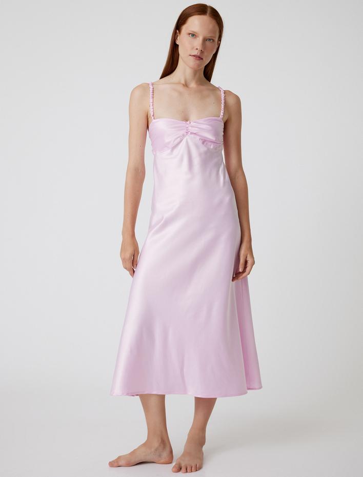  Uzun Saten Gecelik Askılı Drape Detaylı Rahat Kalıp