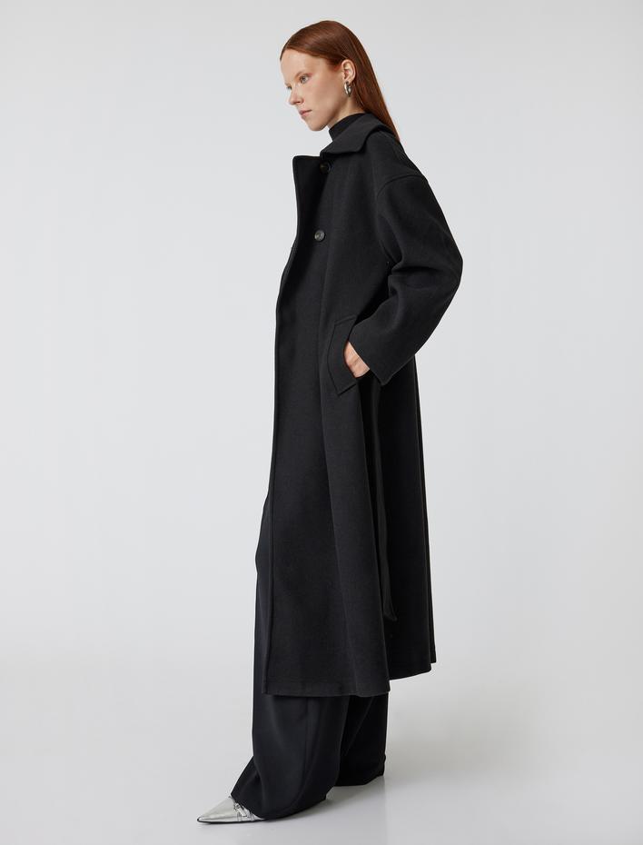  Kuşak Detaylı Kruvaze Düğmeli Cepli Ekstra Uzun Kaşe Kaban