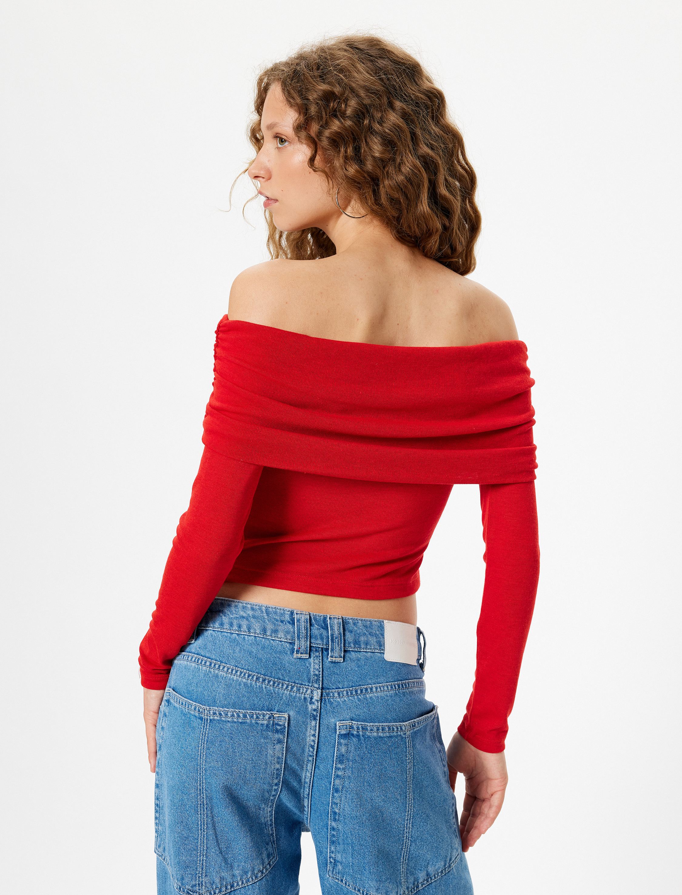   Madonna Yaka Omzu Açık Tişört Uzun Kollu Drapeli Slim Fit Viskon Karışımlı