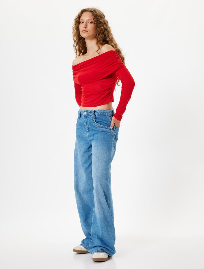  Madonna Yaka Omzu Açık Tişört Uzun Kollu Drapeli Slim Fit Viskon Karışımlı