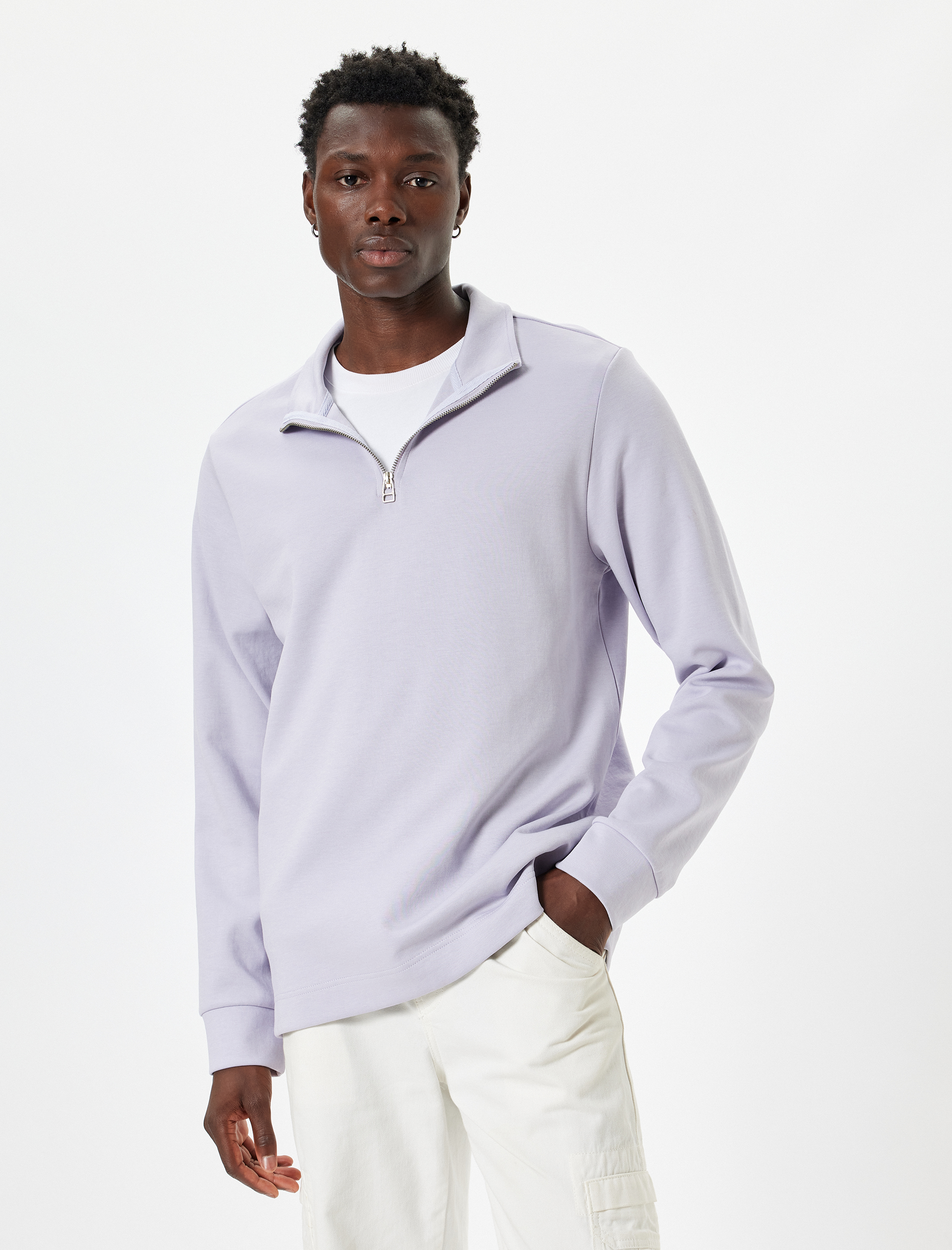   Basic Pamuklu Yarım Fermuarlı Sweatshirt