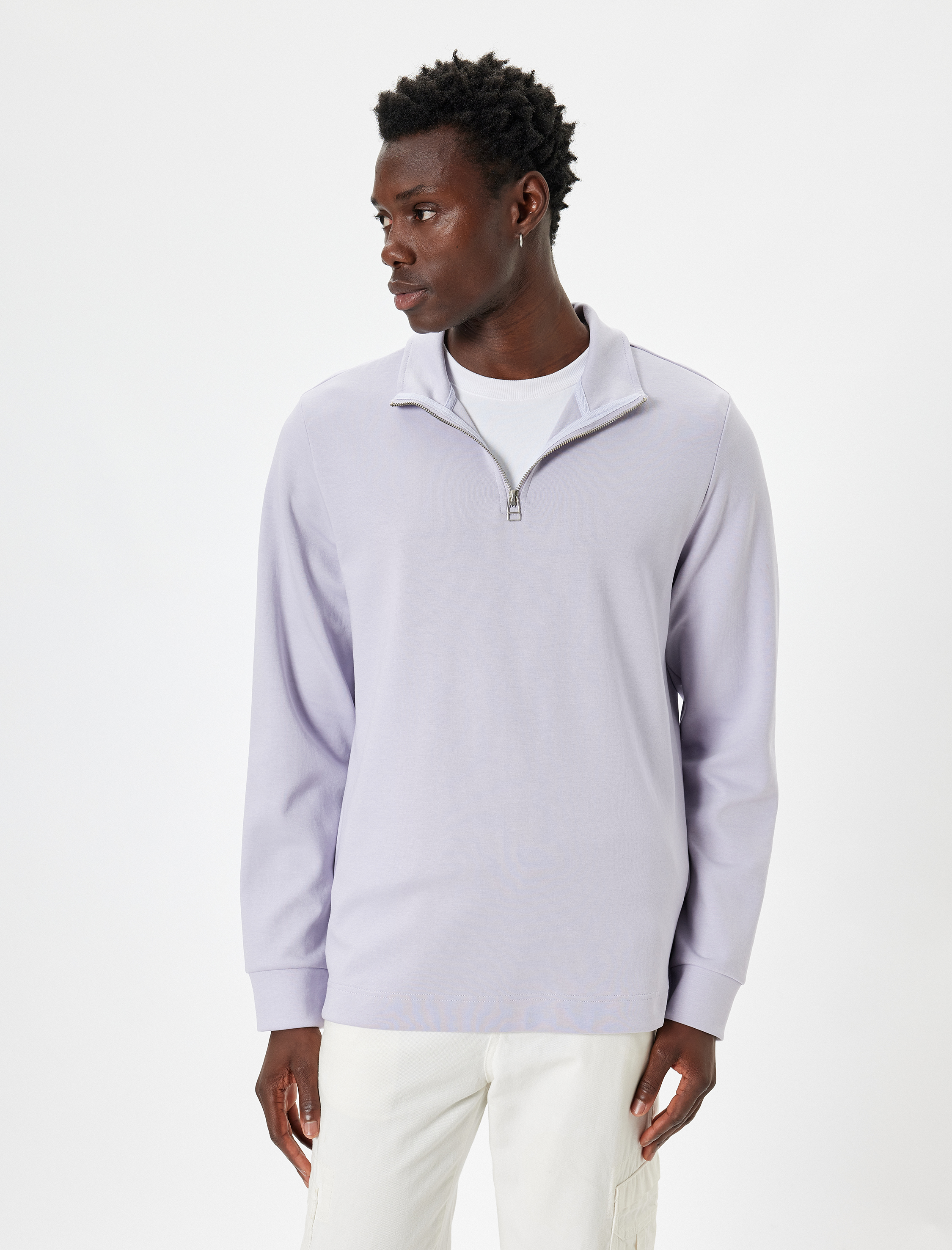   Basic Pamuklu Yarım Fermuarlı Sweatshirt