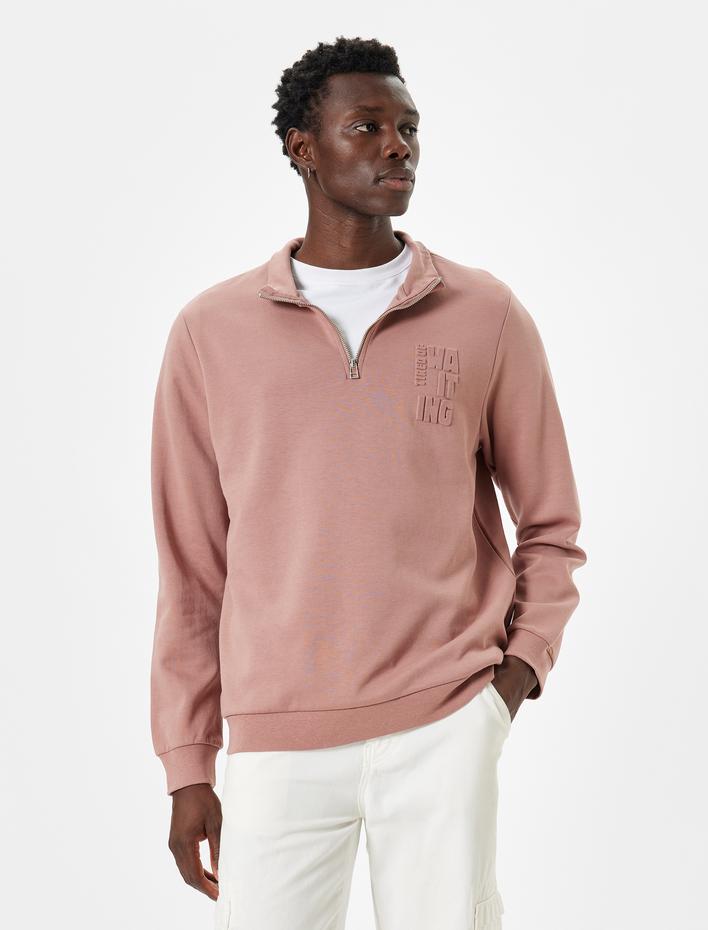  Slogan Baskılı Sweatshirt Yarım Fermuarlı Basic Pamuklu İnterlok Kumaş