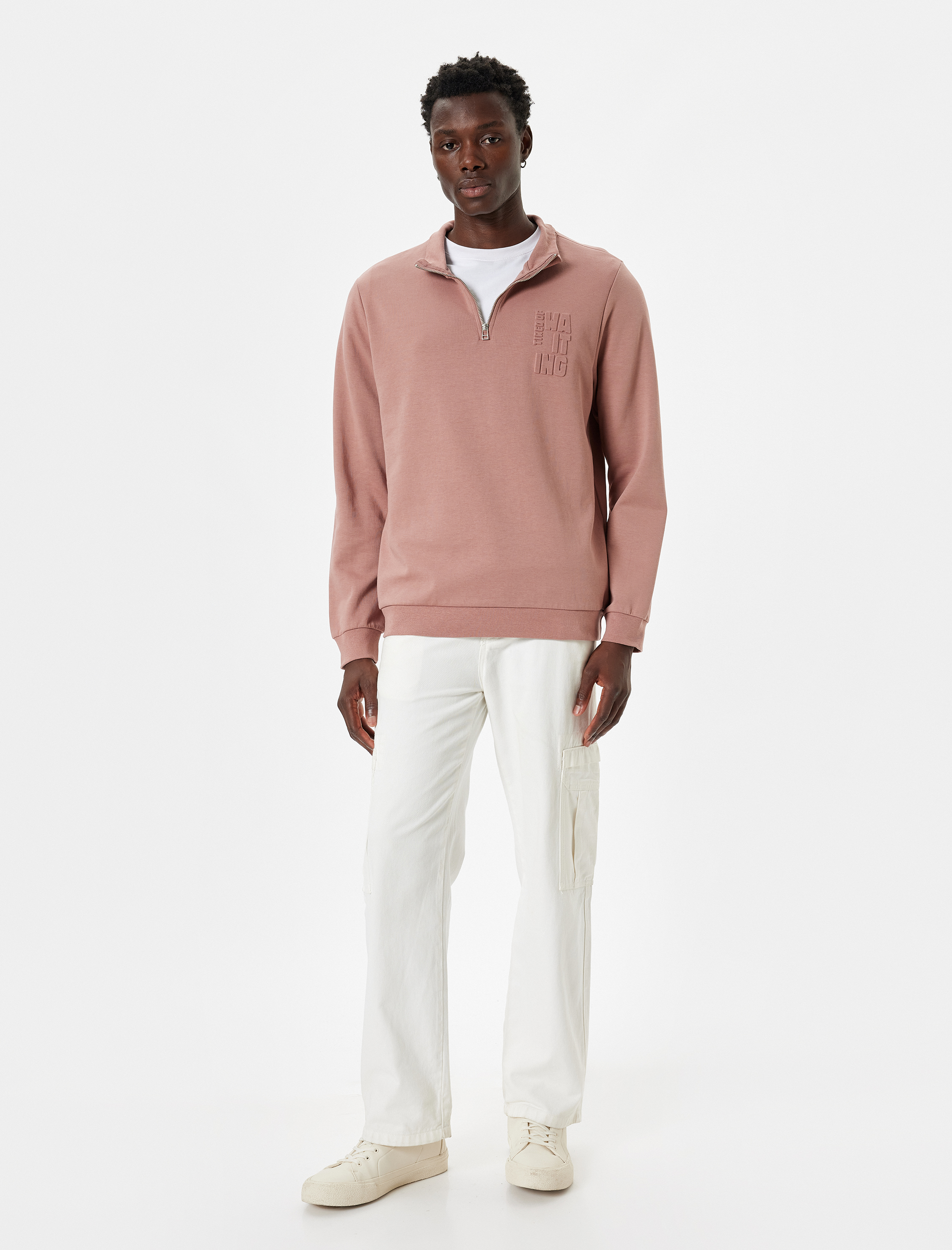   Slogan Baskılı Sweatshirt Yarım Fermuarlı Basic Pamuklu İnterlok Kumaş