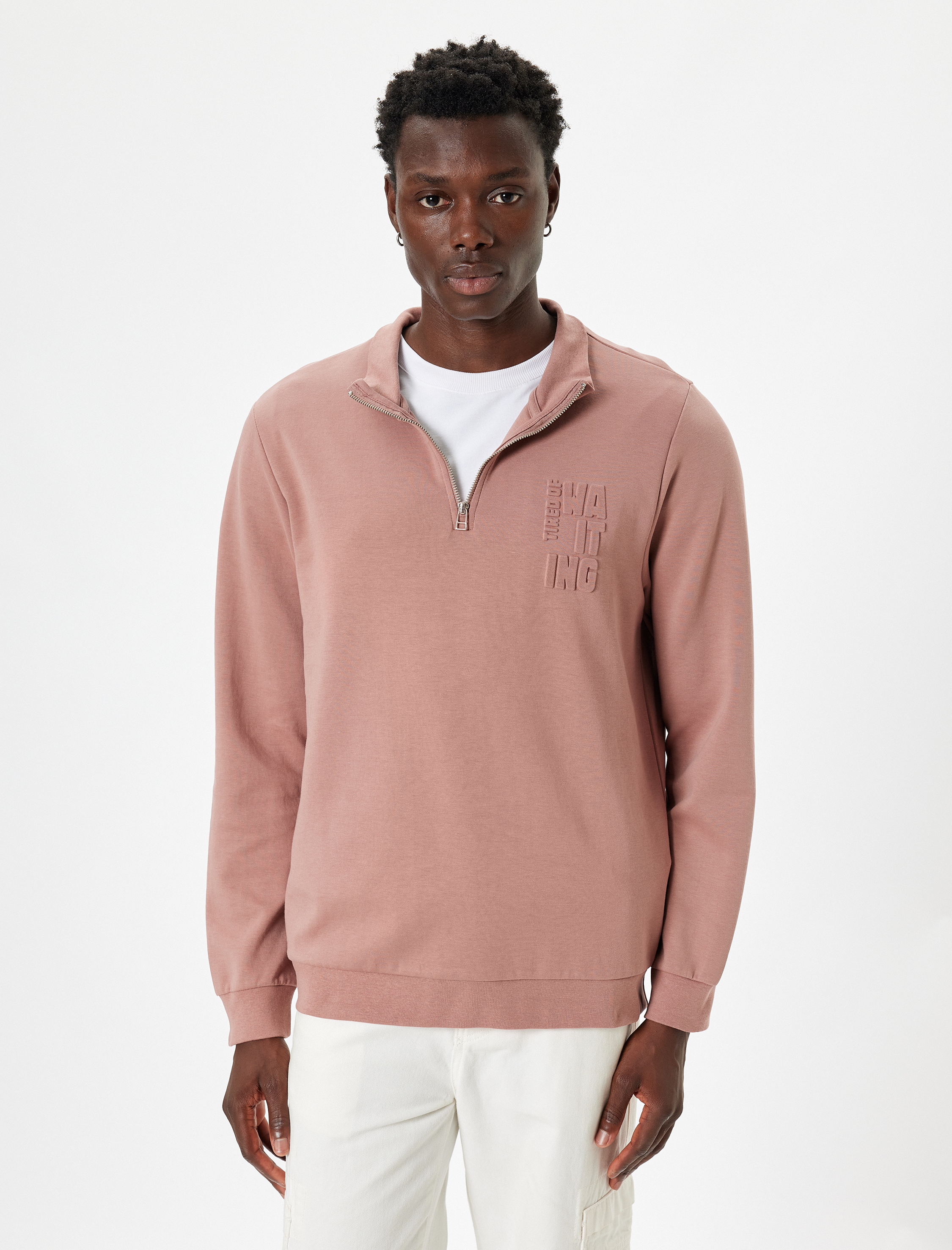   Slogan Baskılı Sweatshirt Yarım Fermuarlı Basic Pamuklu İnterlok Kumaş