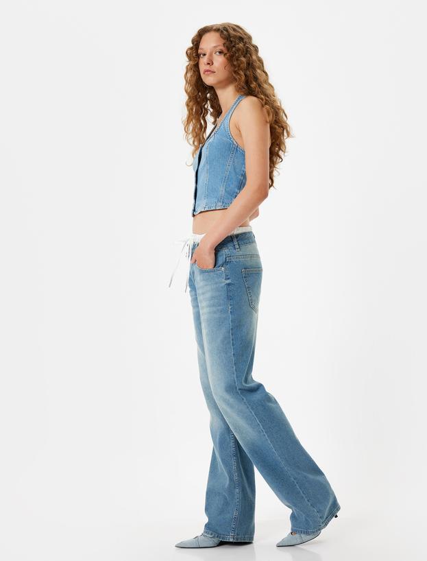 Bol Paça Kot Pantolon Çift Bel Detaylı Pamuklu - Straight Fit Jean_1