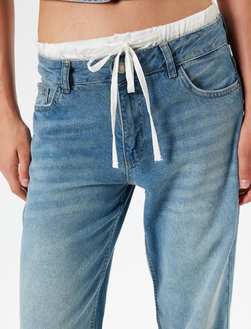   Bol Paça Kot Pantolon Çift Bel Detaylı Pamuklu - Straight Fit Jean