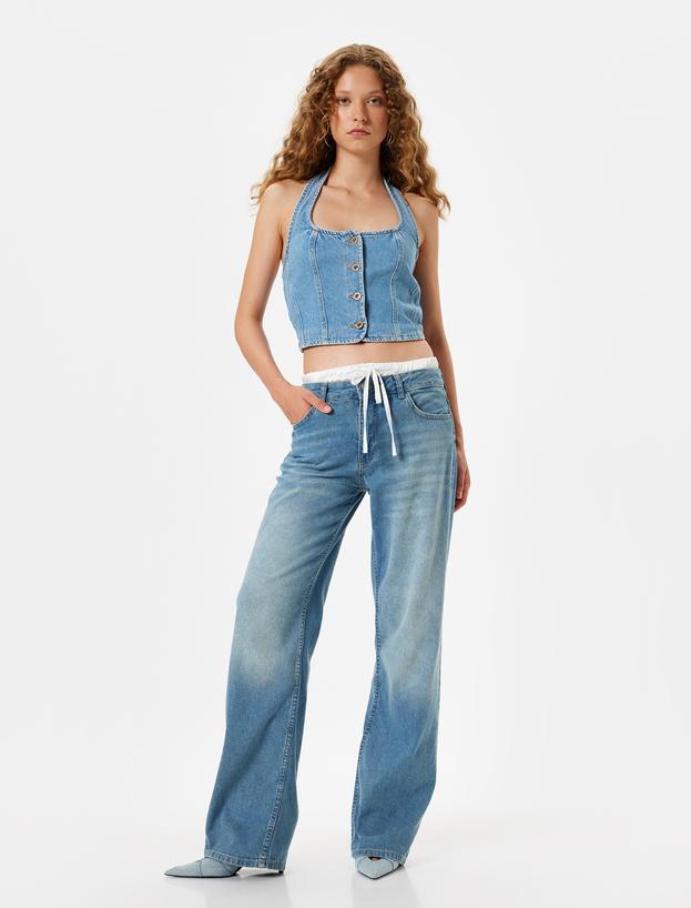 Bol Paça Kot Pantolon Çift Bel Detaylı Pamuklu - Straight Fit Jean_0