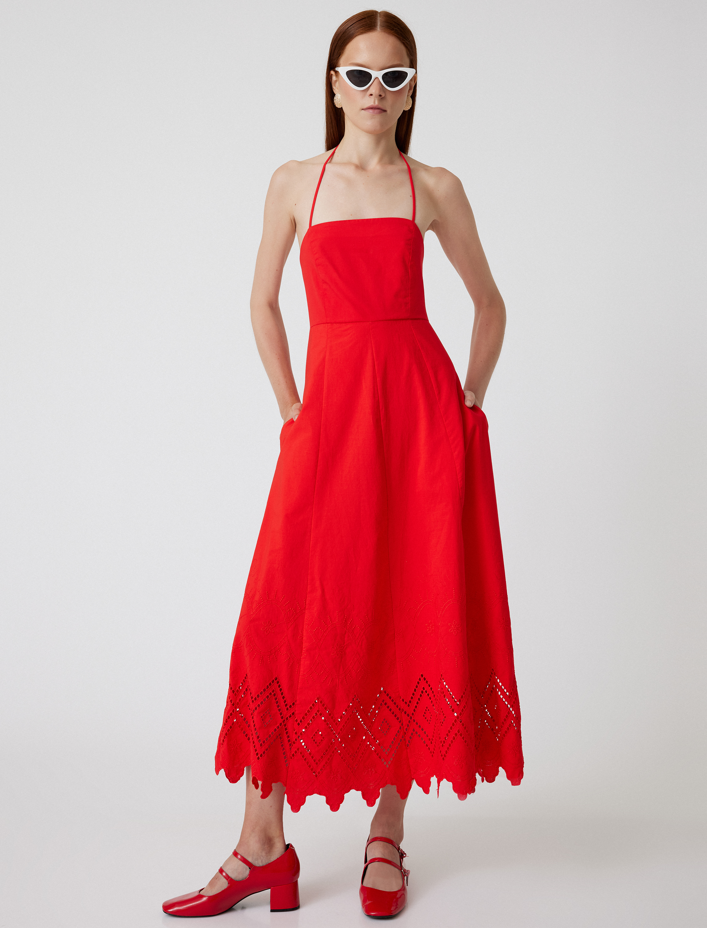   Midi Boy Fisto Elbise Astarlı Boyundan Bağlamalı Cepli