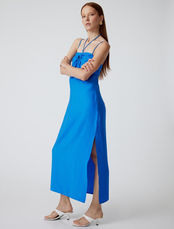  Koton X Şahika Ercümen - Askılı Viskon Uzun Elbise Halka Detaylı Yırtmaçlı