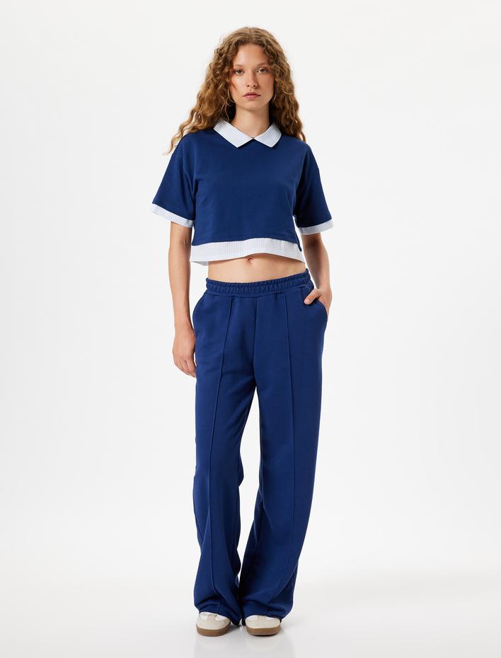  Gömlek Yaka Tişört Crop Kısa Kollu Kumaş Detaylı