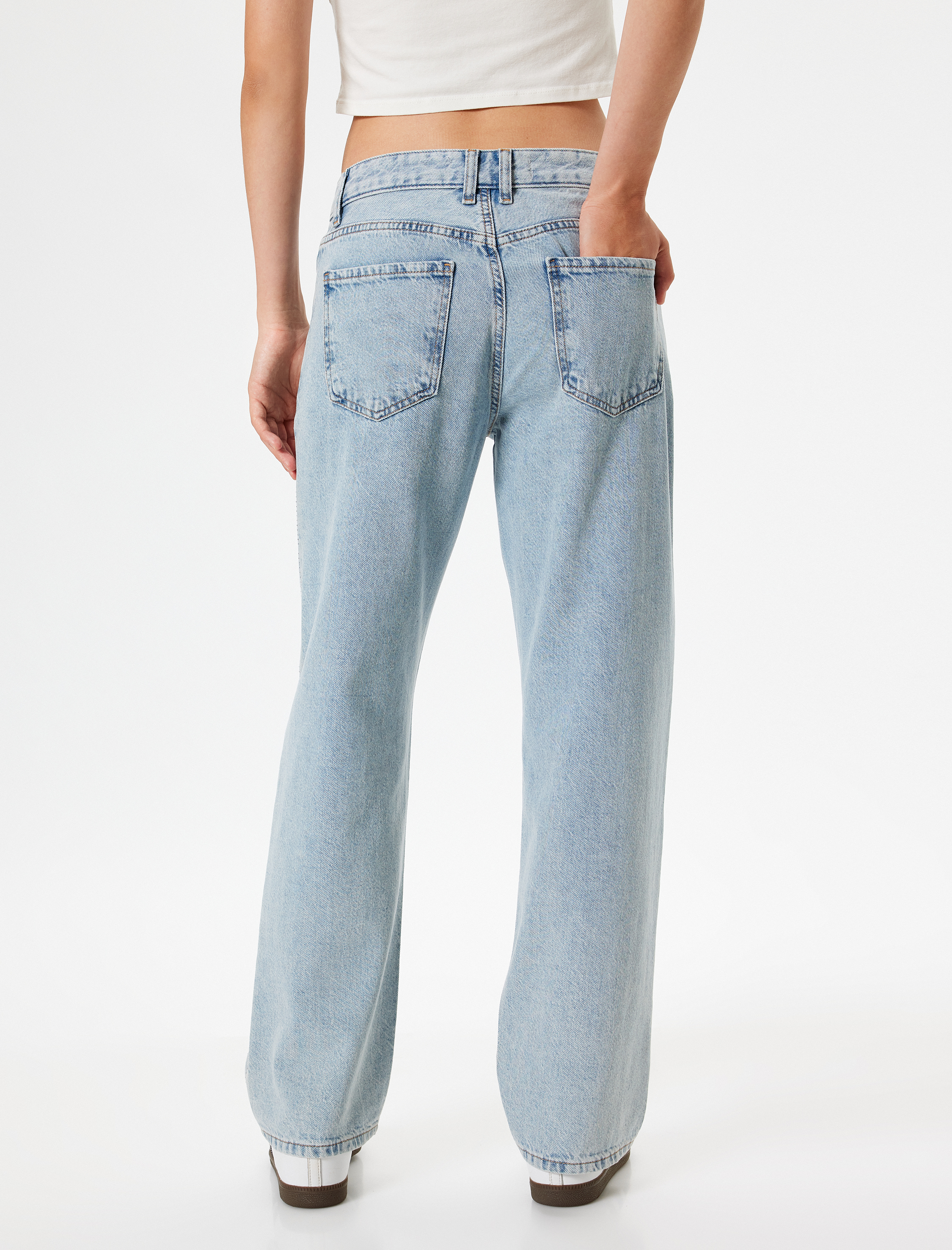   Taşlı Düz Paça Normal Bel Kot Pantolon - Straight Fit Jean