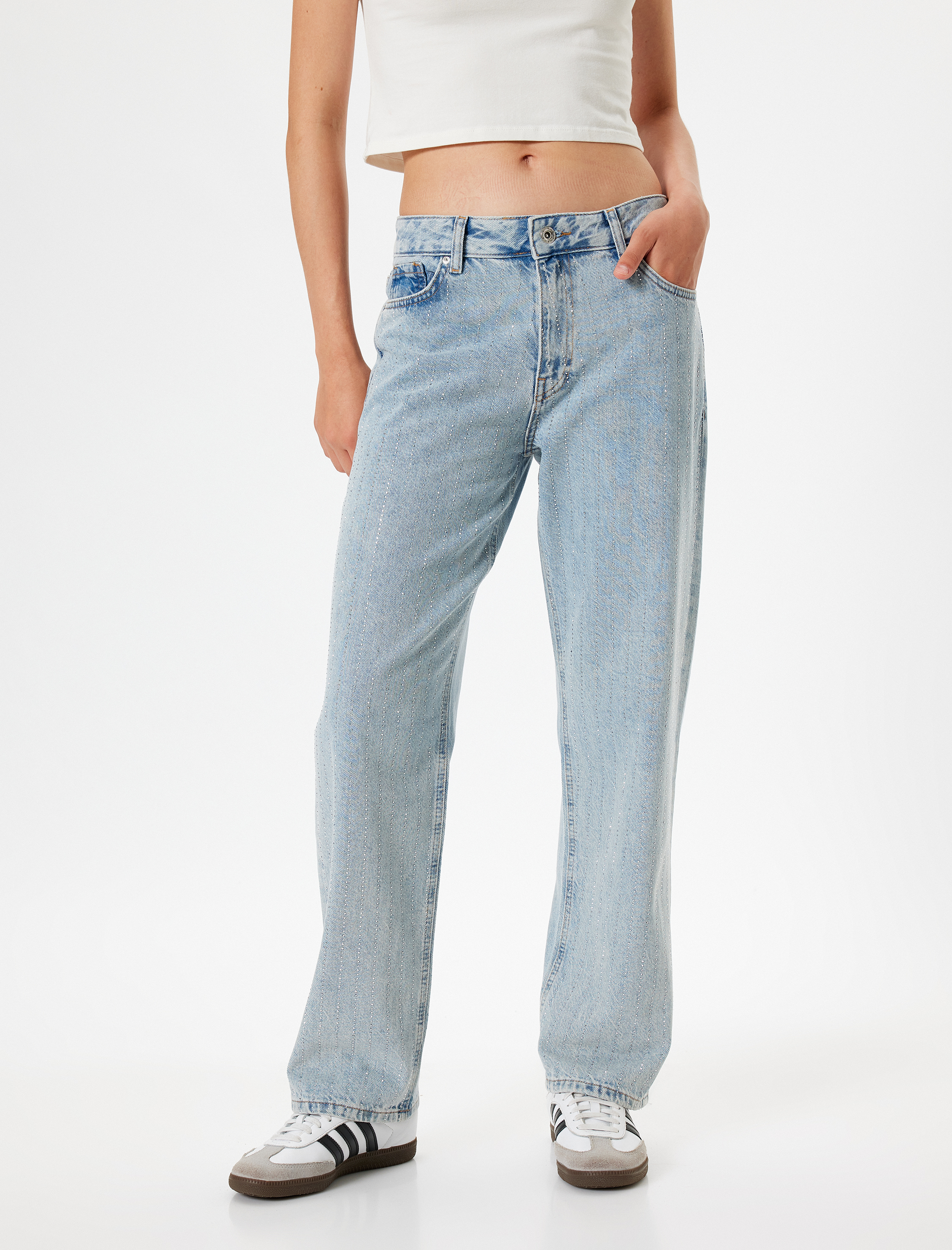   Taşlı Düz Paça Normal Bel Kot Pantolon - Straight Fit Jean