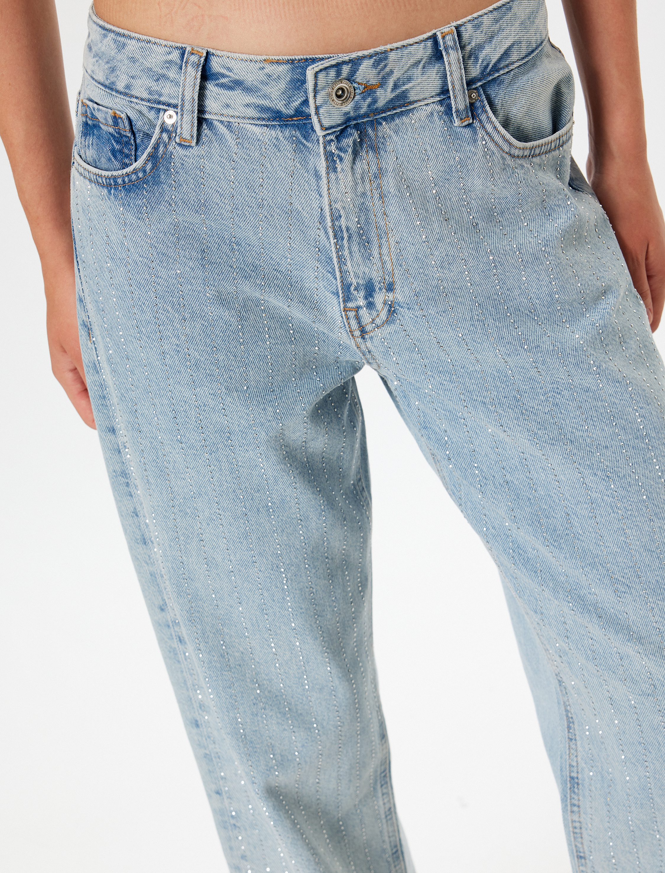   Taşlı Düz Paça Normal Bel Kot Pantolon - Straight Fit Jean