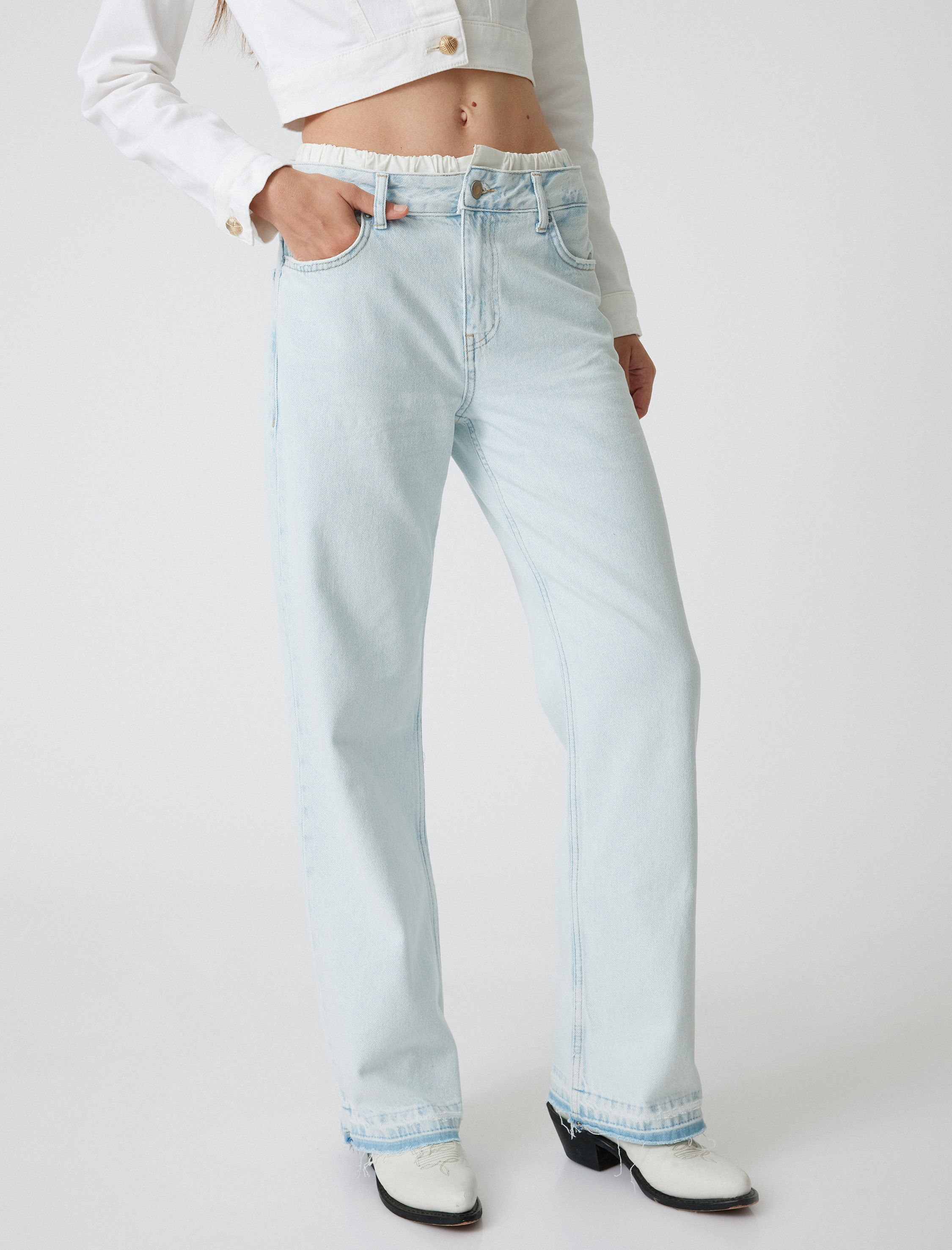   Düz Paça Çift Bel Detaylı Pamuklu Kot Pantolon - Straight Jean