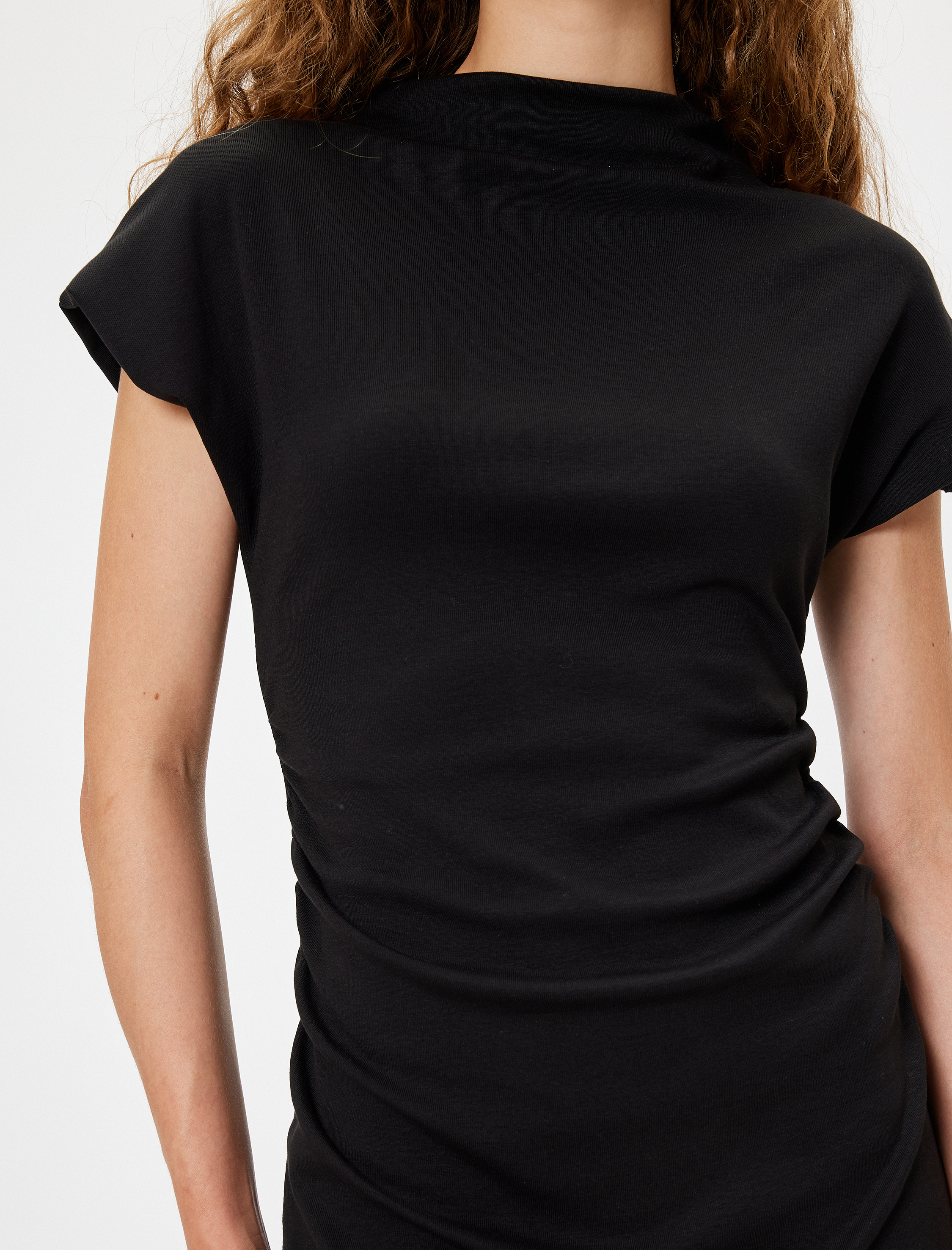   Mini Slip Elbise Kısa Kollu Kayık Yaka Drapeli