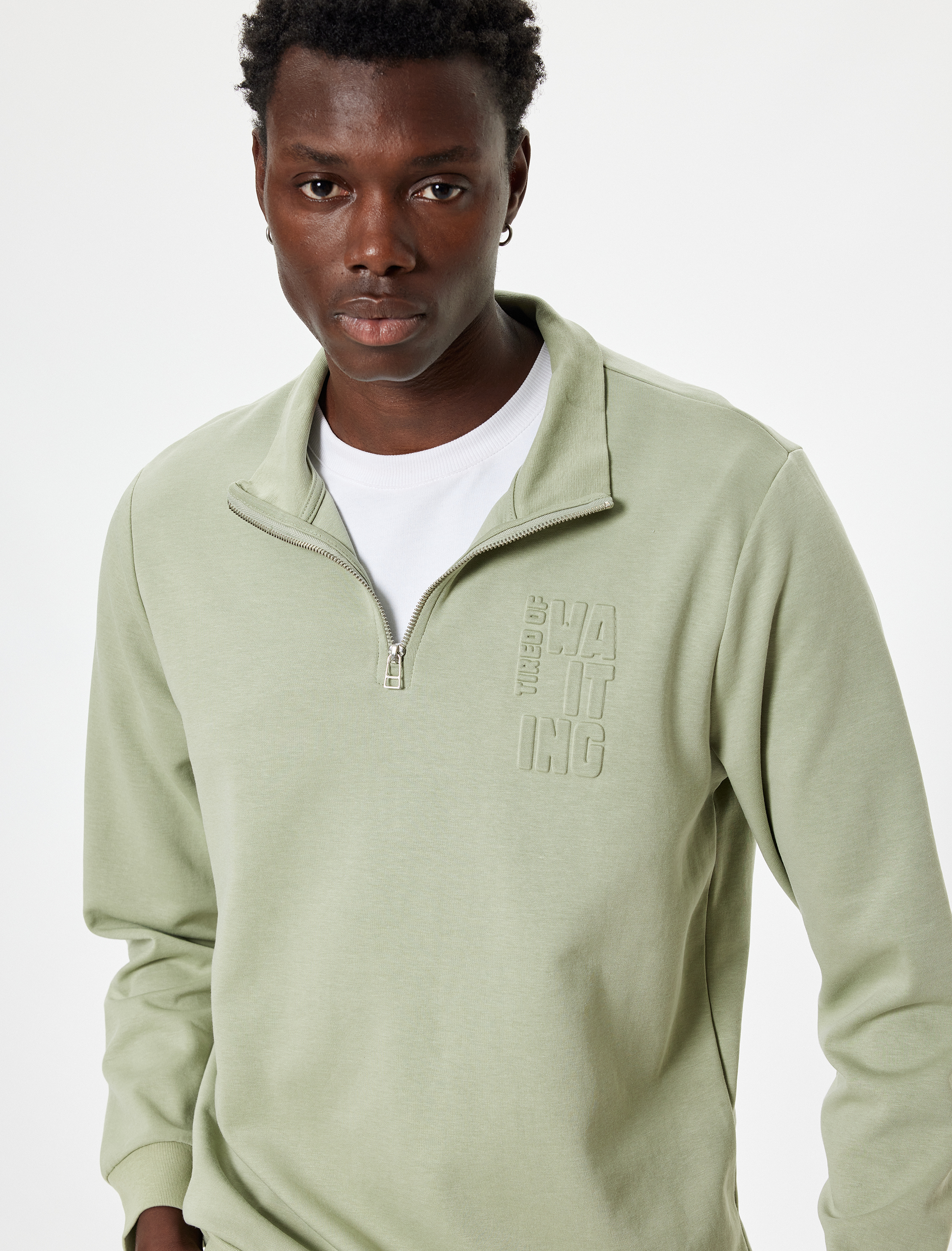   Slogan Baskılı Sweatshirt Yarım Fermuarlı Basic Pamuklu İnterlok Kumaş