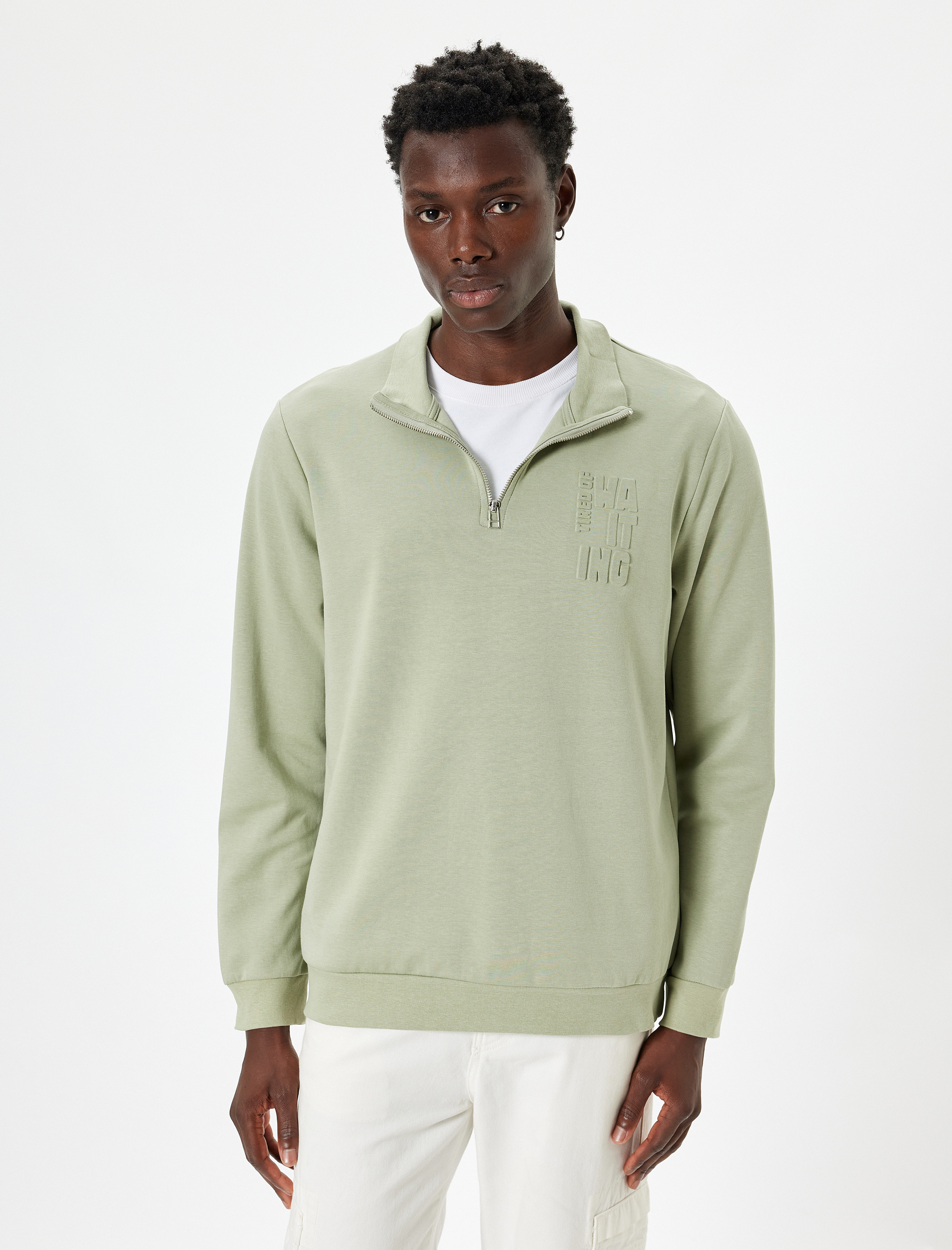   Slogan Baskılı Sweatshirt Yarım Fermuarlı Basic Pamuklu İnterlok Kumaş