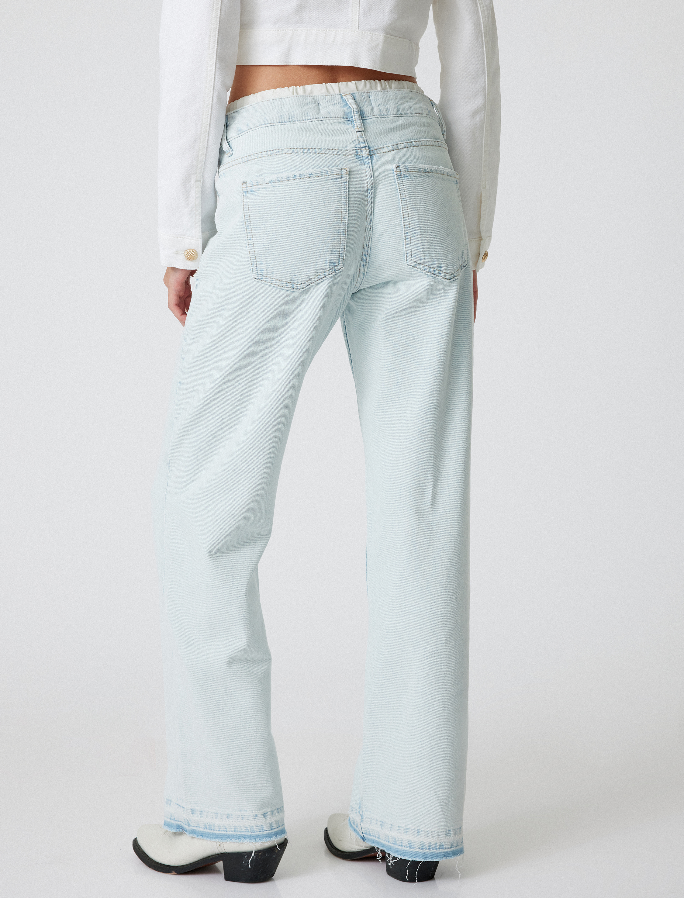   Düz Paça Çift Bel Detaylı Pamuklu Kot Pantolon - Straight Jean