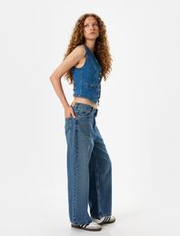 Crop Bol Paça Kot Pantolon Normal Bel Slim Fit Düğmeli - Wide Leg Crop Jean