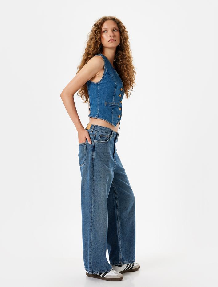  Crop Bol Paça Kot Pantolon Normal Bel Slim Fit Düğmeli - Wide Leg Crop Jean