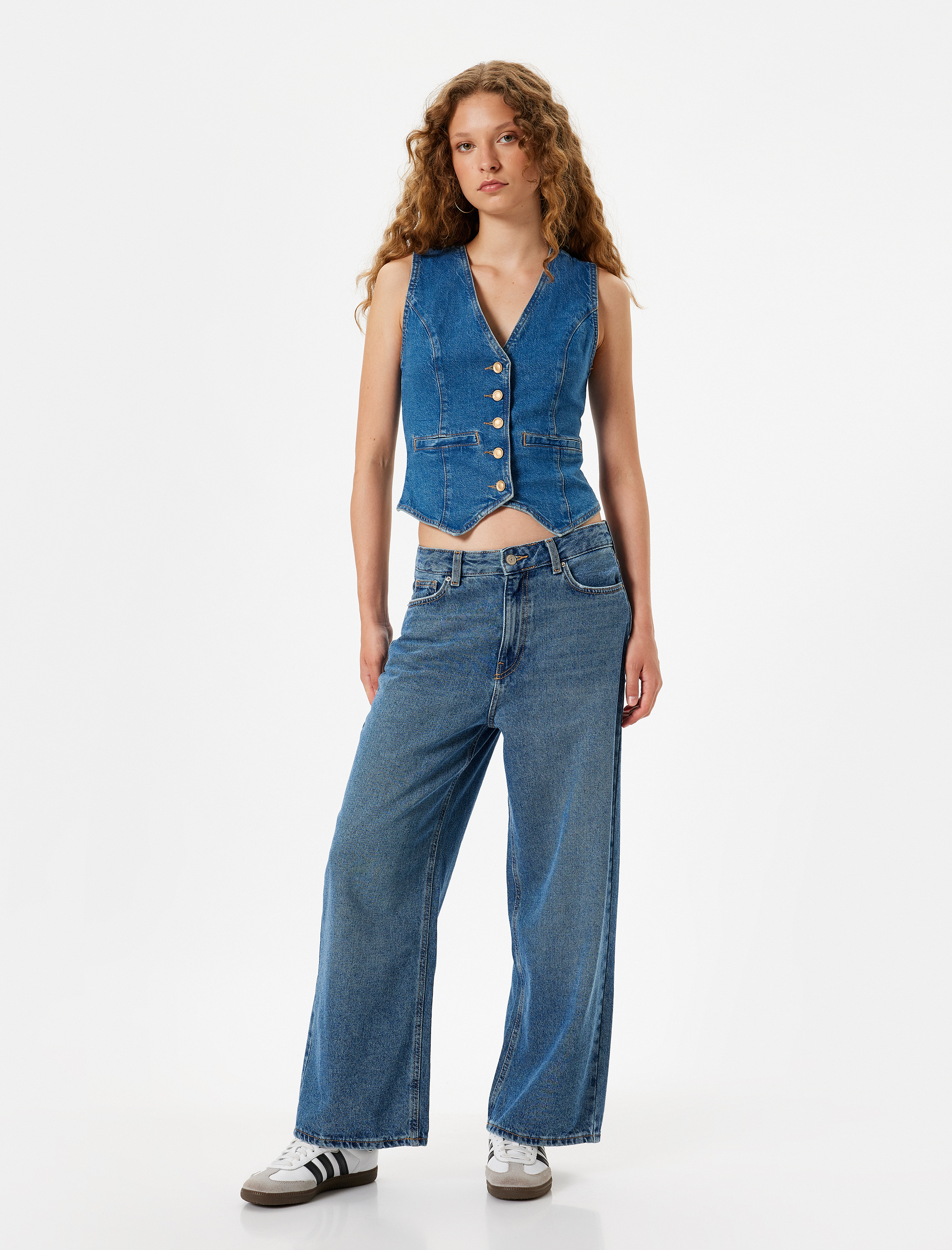   Crop Bol Paça Kot Pantolon Normal Bel Slim Fit Düğmeli - Wide Leg Crop Jean