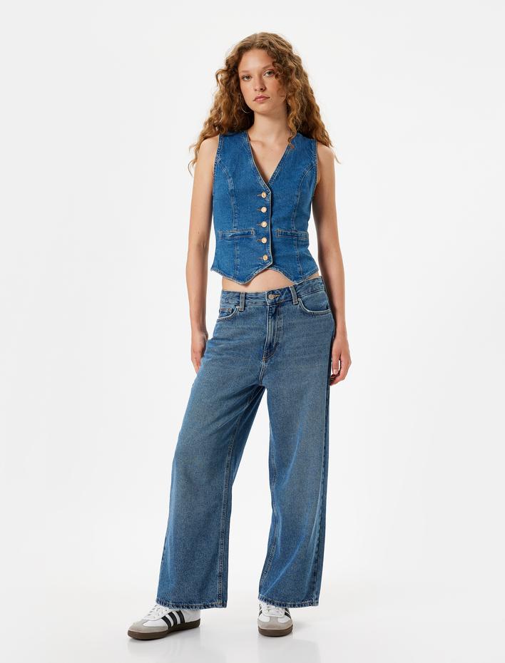  Crop Bol Paça Kot Pantolon Normal Bel Slim Fit Düğmeli - Wide Leg Crop Jean