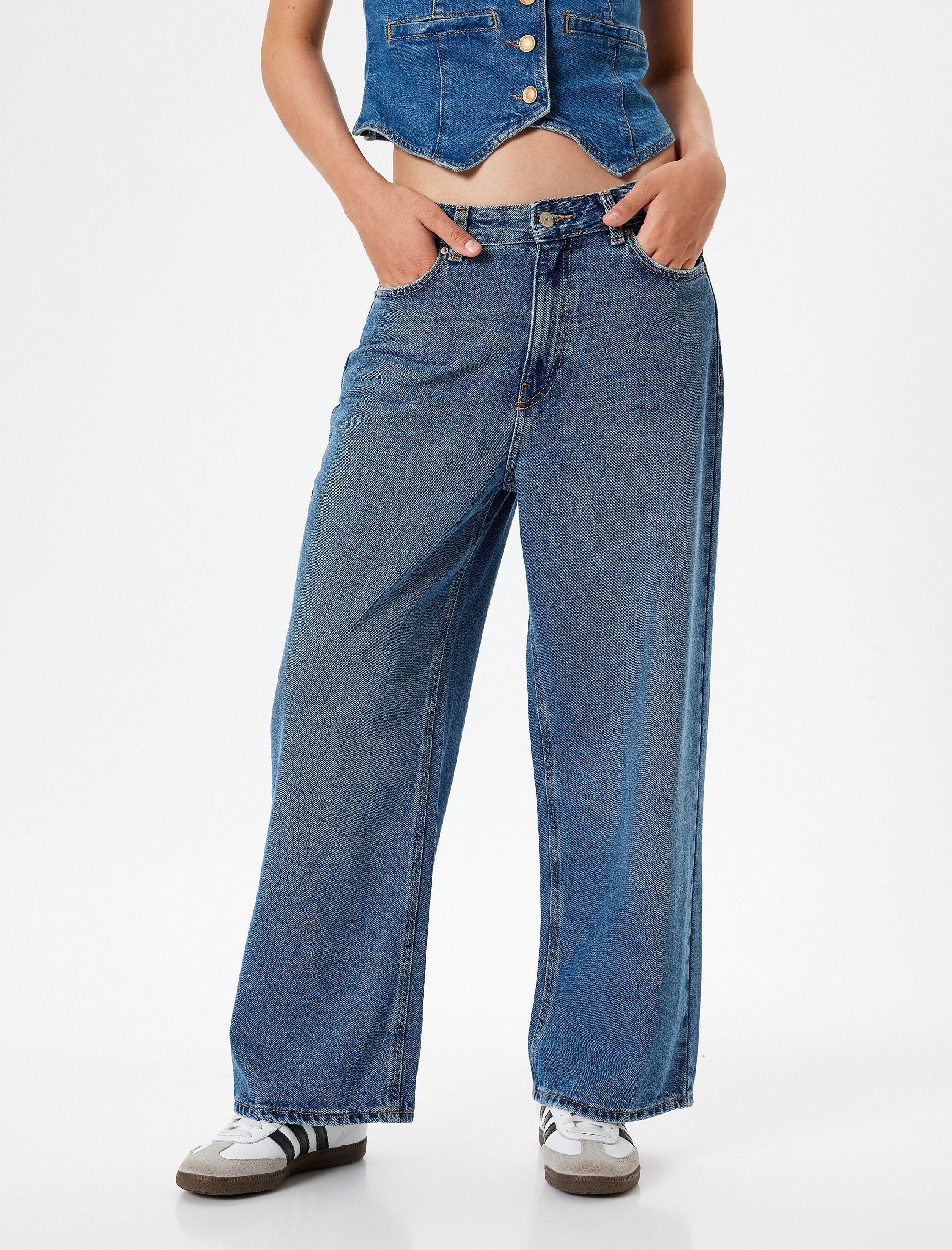   Crop Bol Paça Kot Pantolon Normal Bel Slim Fit Düğmeli - Wide Leg Crop Jean