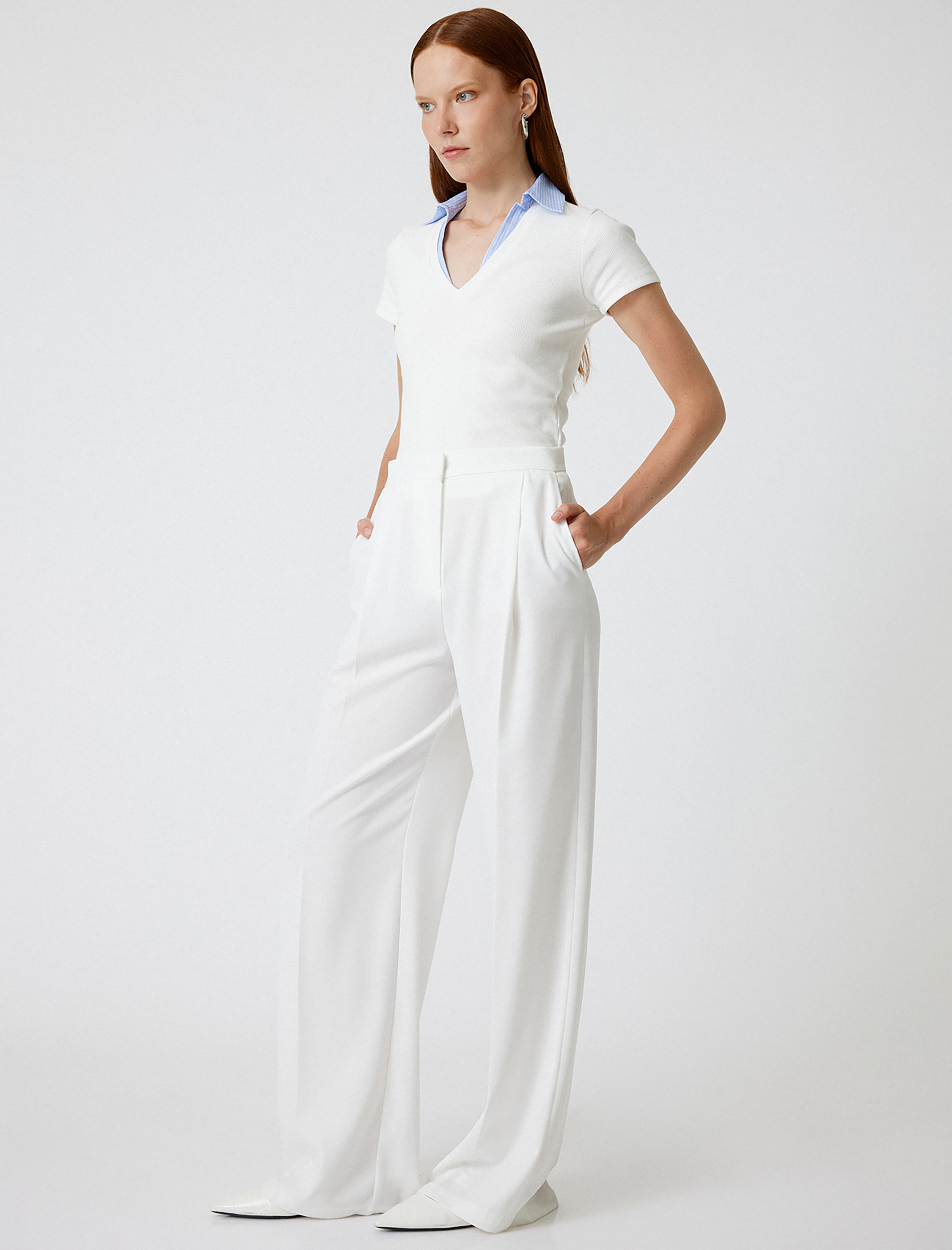   Polo V Yaka Tişört Çizgili Kısa Kollu Fitilli Pamuklu