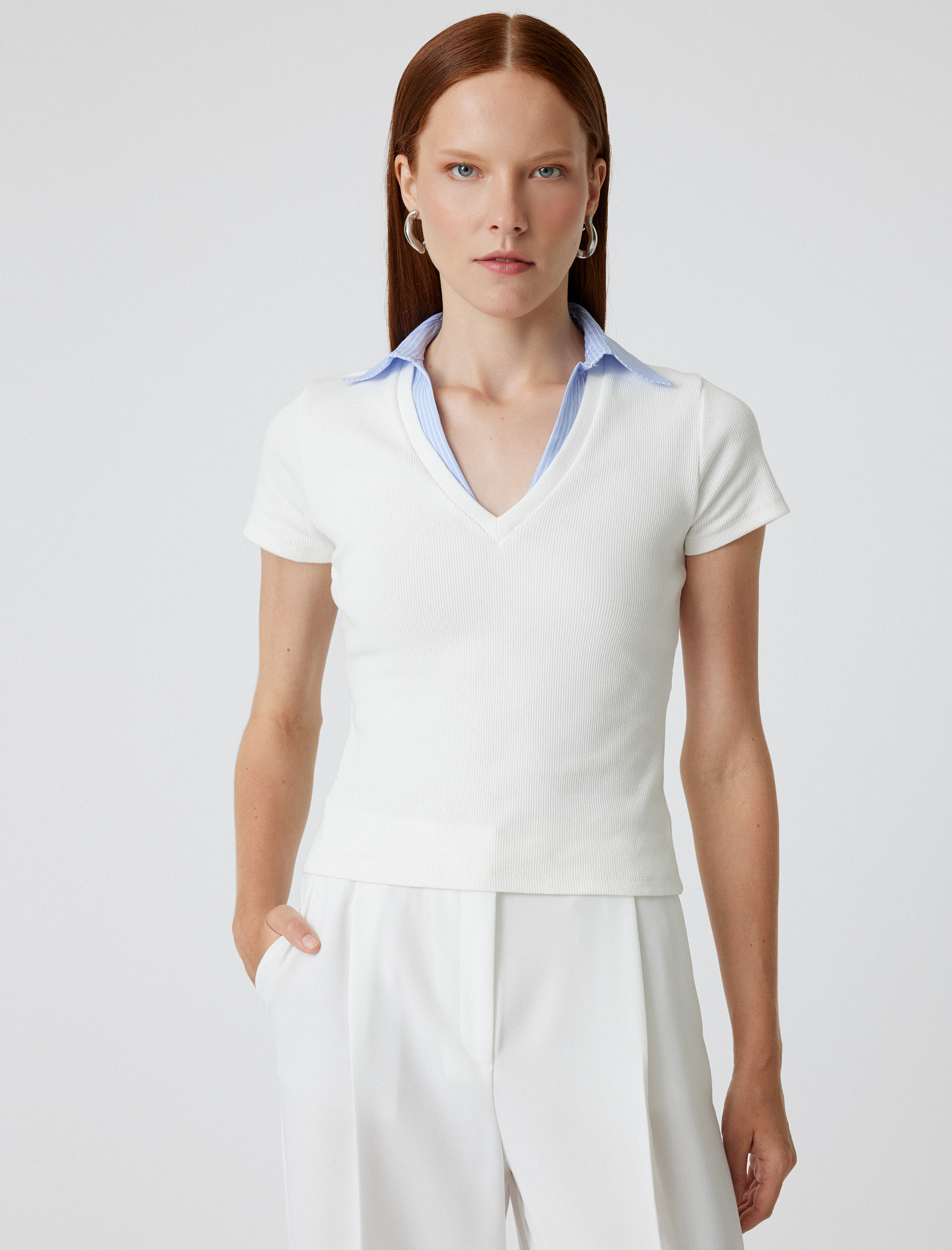   Polo V Yaka Tişört Çizgili Kısa Kollu Fitilli Pamuklu