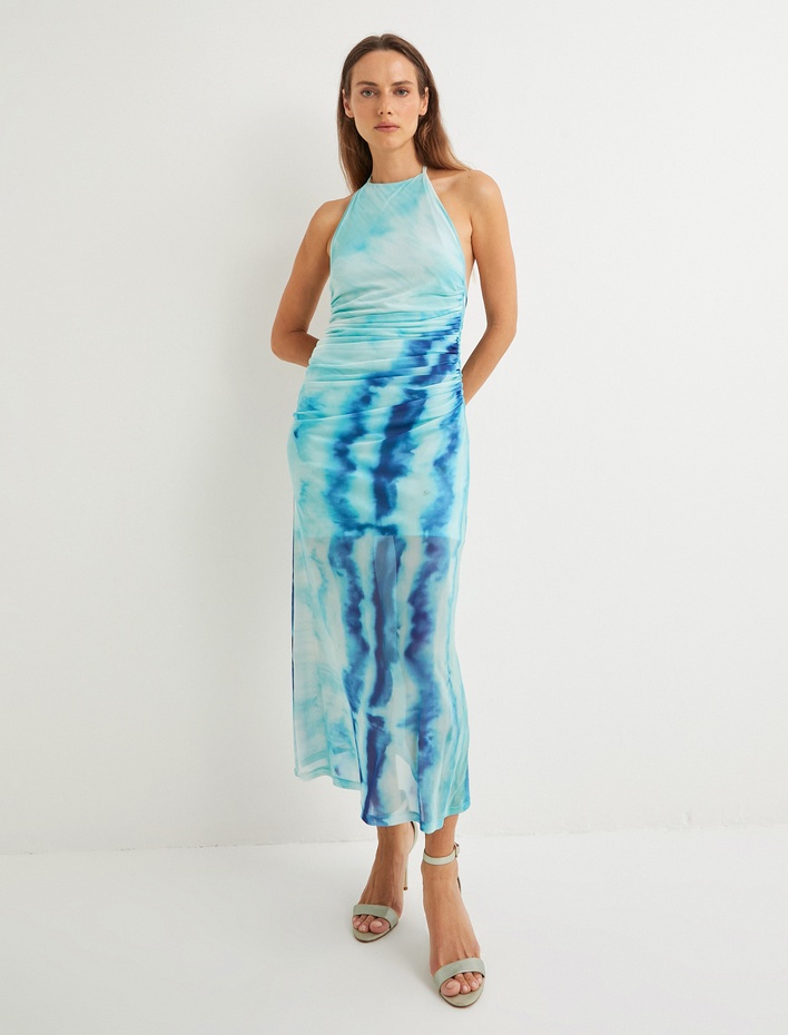  Koton X Şahika Ercümen - Midi Boy Halter Yaka Elbise Yarım Astarlı Drapeli