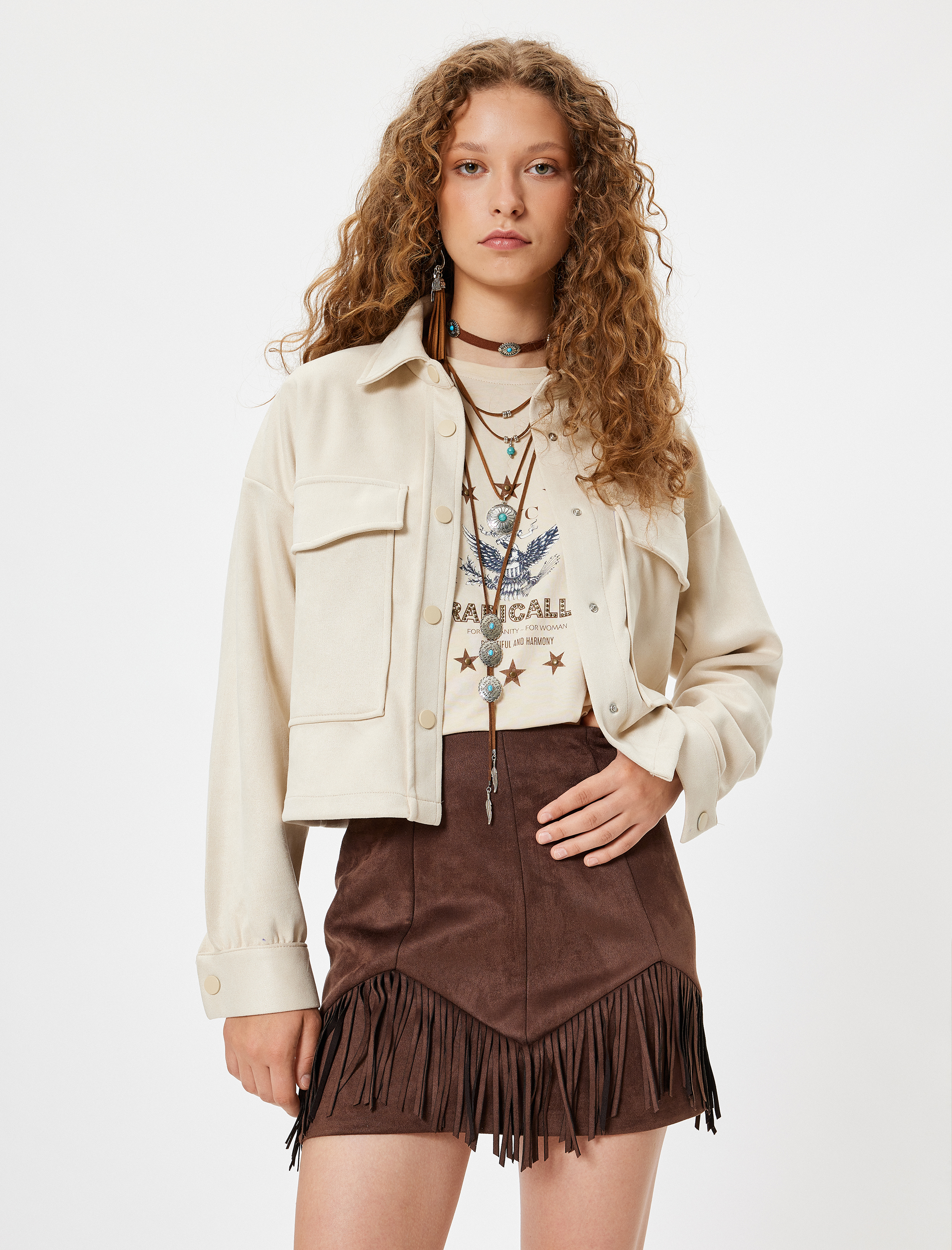   Oversize Gömlek Ceket Süet Görünümlü Düğmeli Cep Detaylı Klasik Yaka