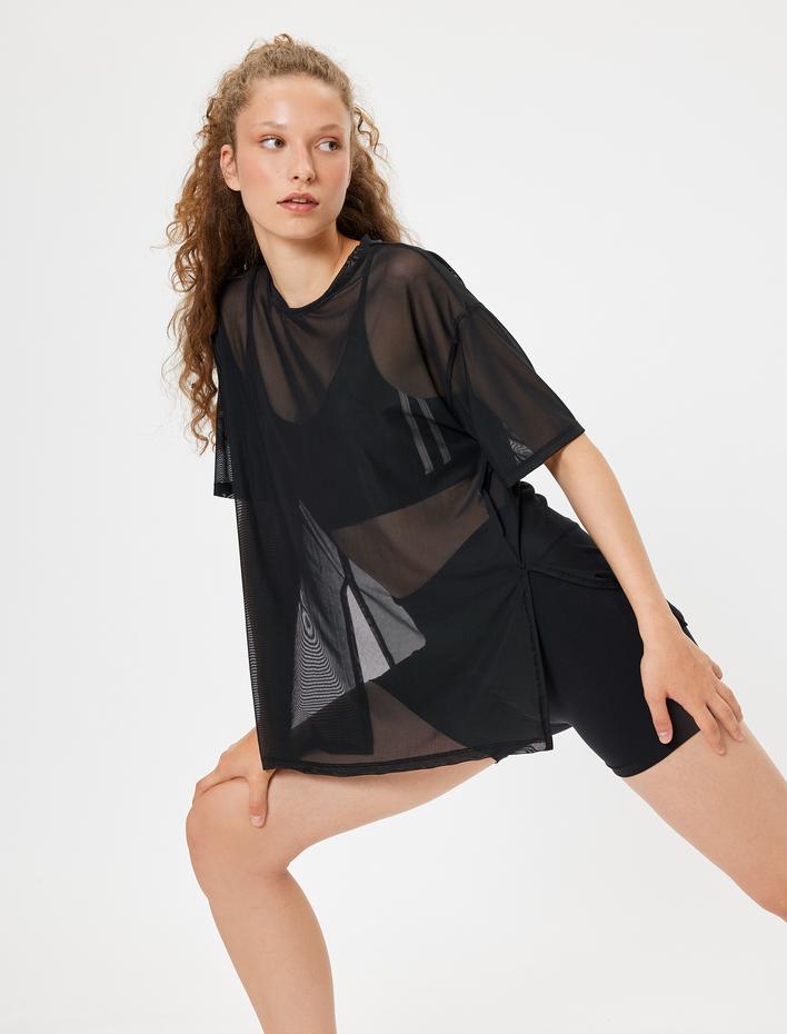  Oversize Spor Tül Tişört Kısa Kollu Bisiklet Yaka