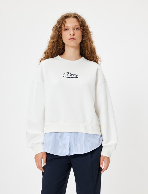 Oversize Sweatshirt Bisiklet Yaka Sloganlı Kumaş Detaylı_2