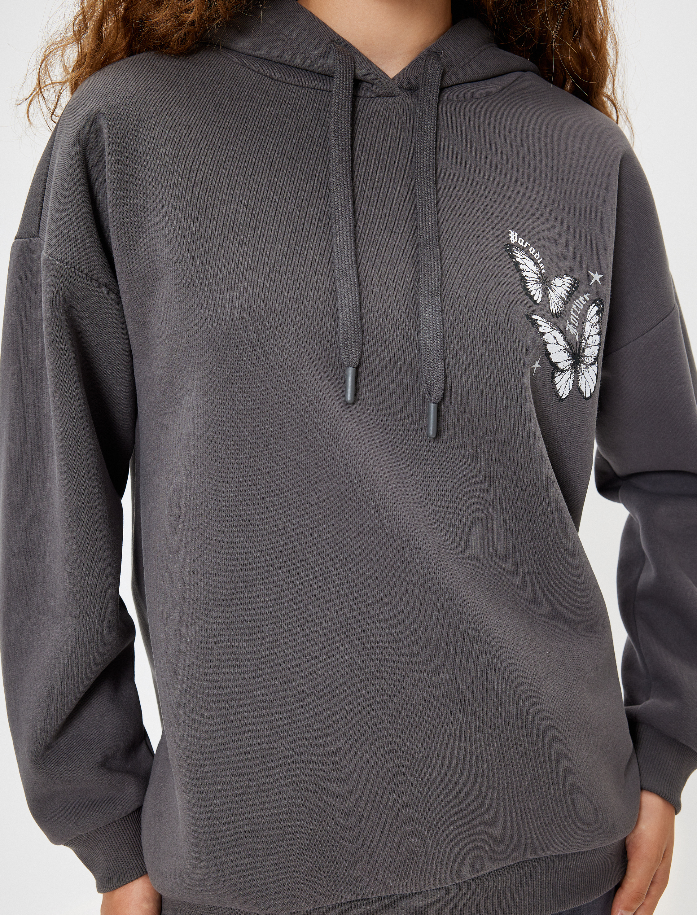   Arkası Baskılı Sweatshirt Oversize Kapüşonlu Şardonlu